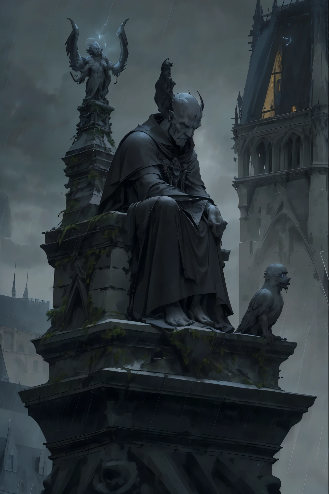 (best quality, highres), stone gargoyle, meditating, on top of the Notre Dame, gloomy atmosphere, in the rain, dark night, lightning and thunder, perched on a ledge, dim light, guardian, monastery