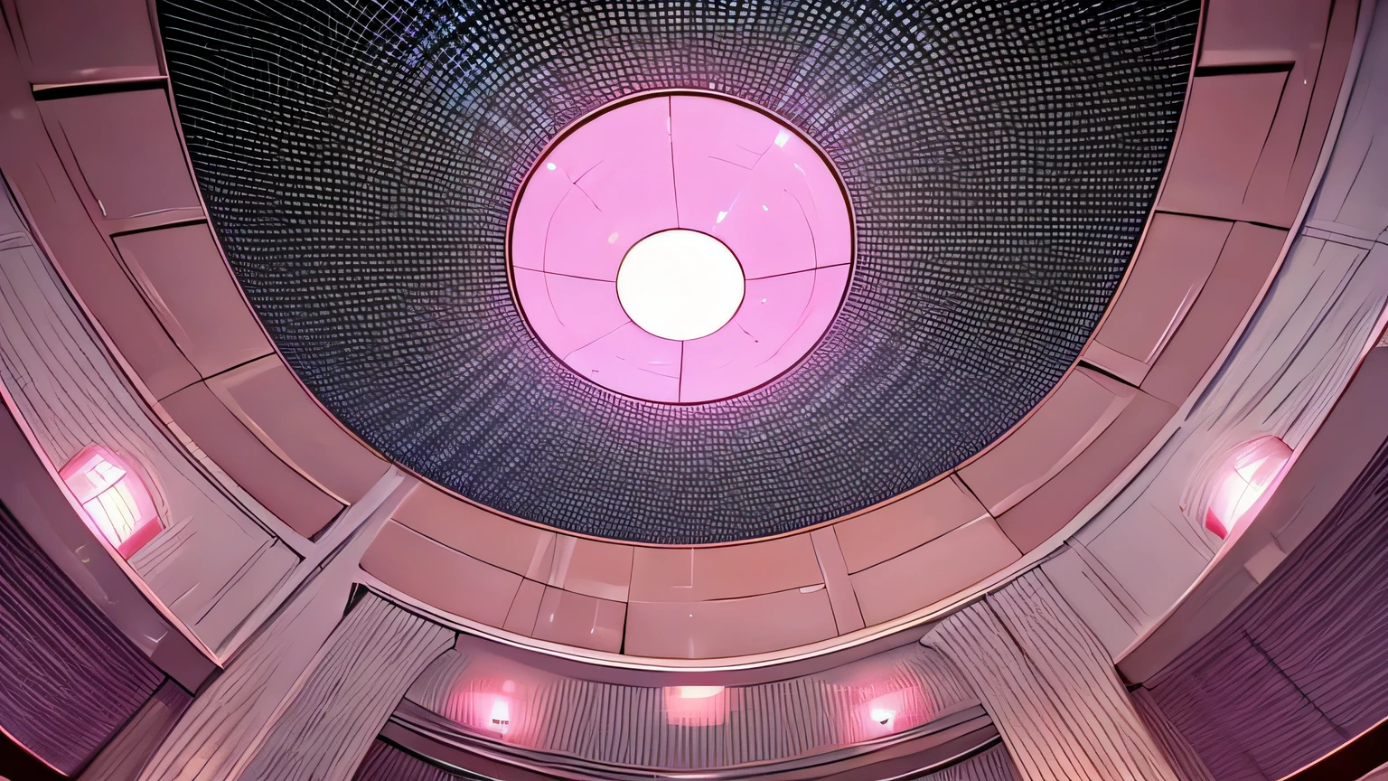 View from floor to ceiling no one hotel room pink lighting