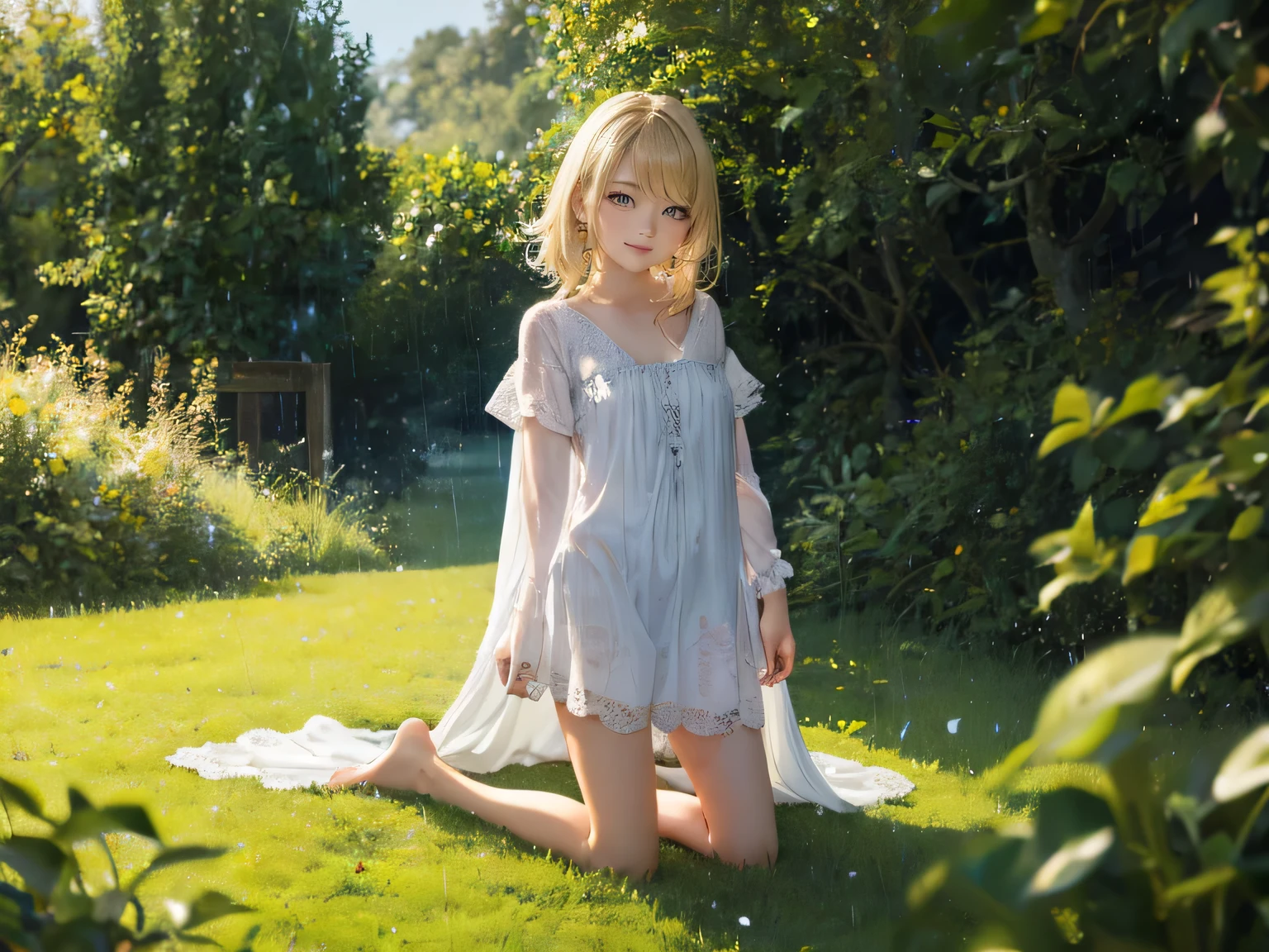 masterpiece, Best quality, European girl , teenage, blodium-length hair without styling, white transparent nightie, full body nightie up to knees, black fishnet stockings, kneeling in the middle of a field, looks into the distance, wild summer forest, it's raining lightly, wet, Thin body, Slender legs, on grass dew, the sun is shining, The body turns red, joyful face, shaggy, smeared makeup on the face, bare chest, goose bumps on chest, perfect face, Beauty