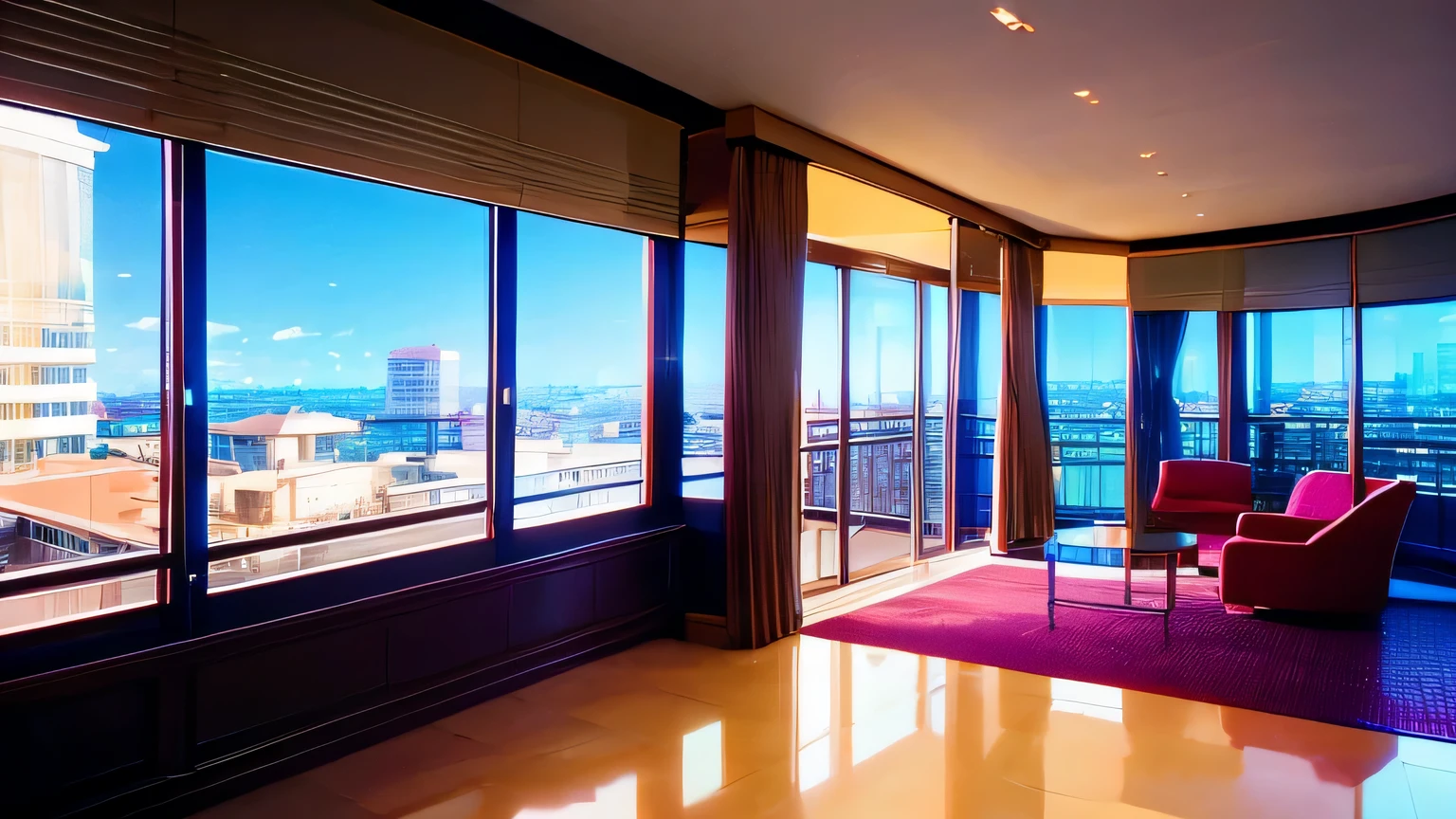 Floor-to-ceiling views　no one　hotel room　pink lighting