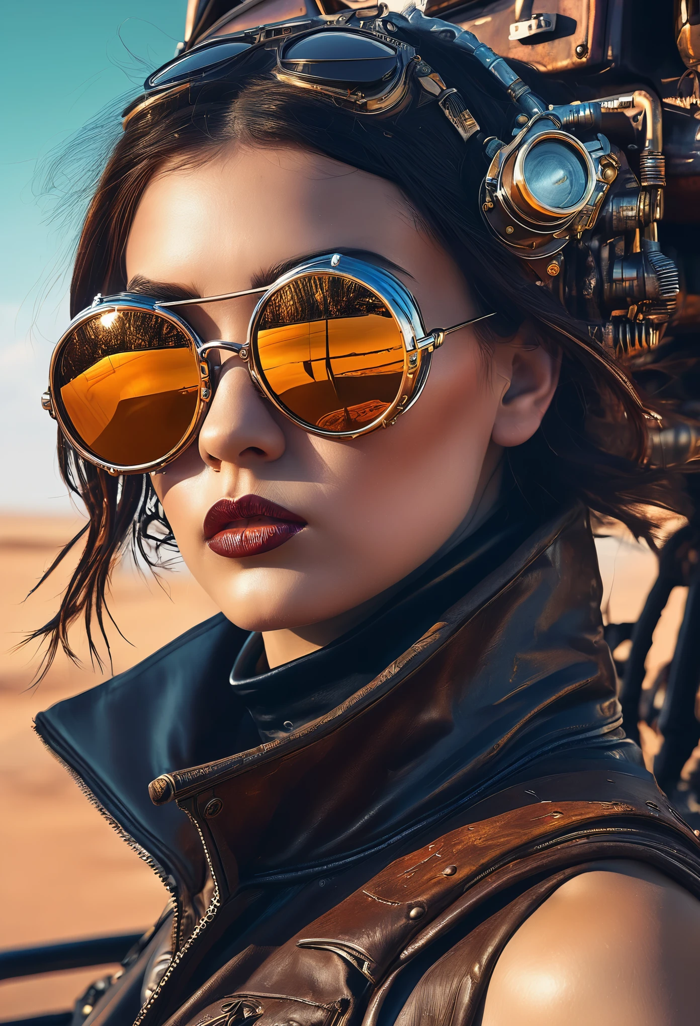 ambiente steampunk, dramatic art, estilo de arte dieselpunk, apocalyptic road warrior vibe, a girl wearing beautiful mirrored sunglasses that reflect everything around her, Arte digital surreal, Mad Max inspirado, heavy metal artwork, simetria da face cromada, arte steampunk digital, It's not the Mad Max style, metal art, It's not Filip Hodas' art style, arte digital steampunk, dieselpunk, em um mundo hightech