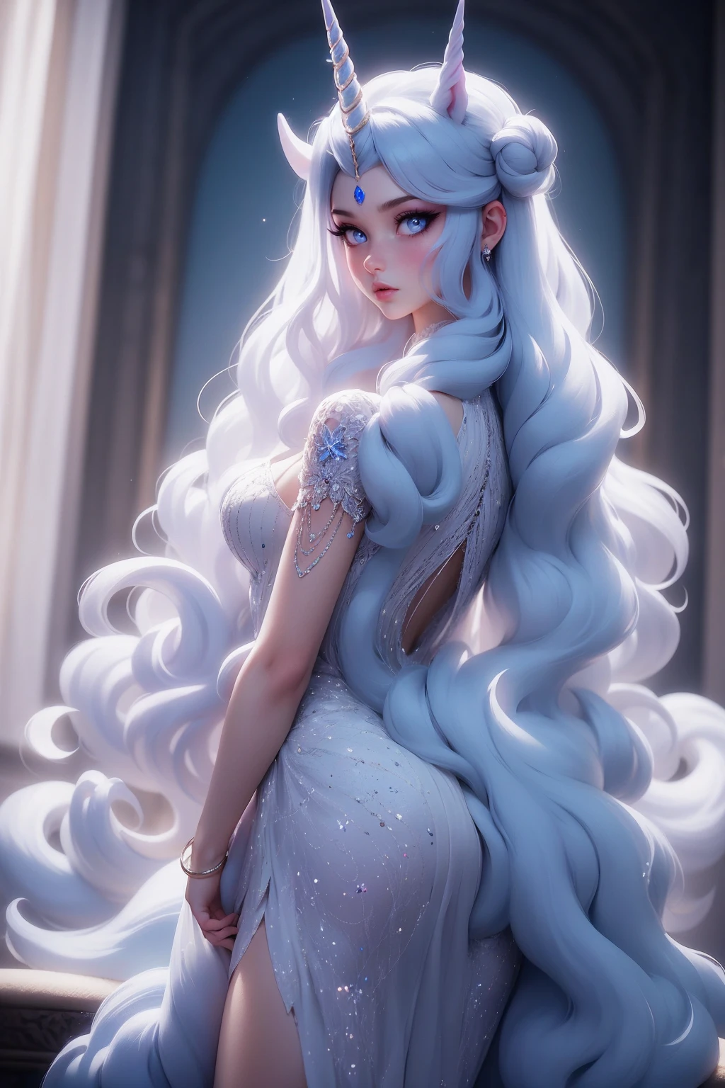 {-erro_de_anatomia:1.0} There is a white unicorn girl, blue mane and long mane, white unicorn, unicorn, unicorn horns, A unicorn, celestia, Nine stories, blue unicorn, soft dreamy, cinematic light《fangs》Unicorn in, mythological creatures, a mythical creature, Pokémon illustration, unicorns, a glaceon princess, white dress, opal eyes. Auroracore, ghostly iridescent, image good for rendering, laying in the bed, backwards, looking back. unicorn girl, full body.