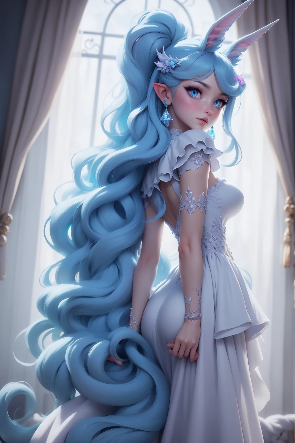 {-erro_de_anatomia:1.0} There is a white unicorn girl, blue mane and long mane, white unicorn, unicorn, unicorn horns, A unicorn, celestia, Nine stories, blue unicorn, soft dreamy, cinematic light《fangs》Unicorn in, mythological creatures, a mythical creature, Pokémon illustration, unicorns, a glaceon princess, white dress, opal eyes. Auroracore, ghostly iridescent, image good for rendering, laying in the bed, backwards, looking back. unicorn girl, full body.