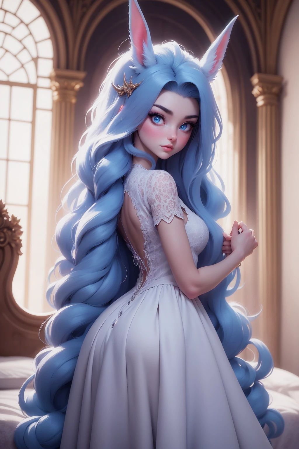 {-erro_de_anatomia:1.0} There is a white unicorn girl, blue mane and long mane, white unicorn, unicorn, unicorn horns, A unicorn, celestia, Nine stories, blue unicorn, soft dreamy, cinematic light《fangs》Unicorn in, mythological creatures, a mythical creature, Pokémon illustration, unicorns, a glaceon princess, white dress, opal eyes. Auroracore, ghostly iridescent, image good for rendering, laying in the bed, backwards, looking back. unicorn girl, full body.