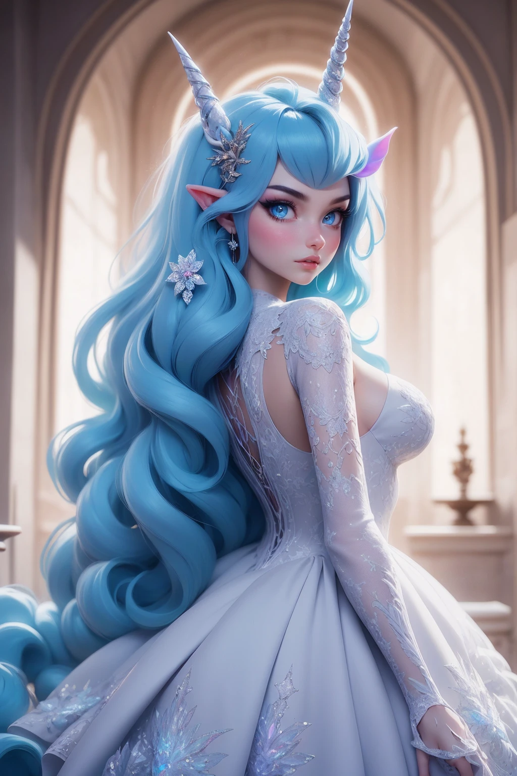 {-erro_de_anatomia:1.0} There is a white unicorn girl, blue mane and long mane, white unicorn, unicorn, unicorn horns, A unicorn, celestia, Nine stories, blue unicorn, soft dreamy, cinematic light《fangs》Unicorn in, mythological creatures, a mythical creature, Pokémon illustration, unicorns, a glaceon princess, white dress, opal eyes. Auroracore, ghostly iridescent, image good for rendering, laying in the bed, backwards, looking back. unicorn girl, full body.