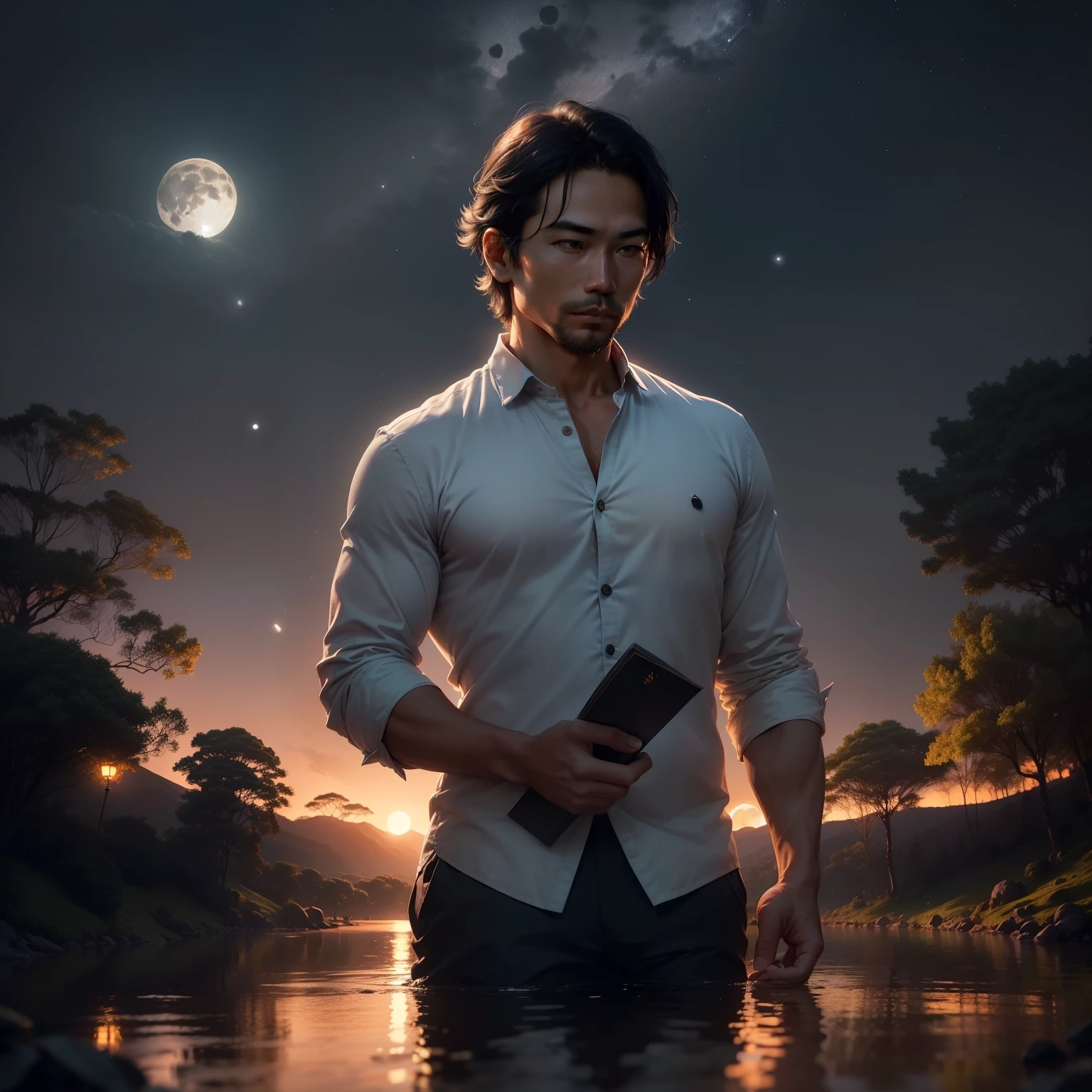 (a 40-year-old Indonesian man with very short, neatly groomed hair and a clean, handsome face, engrossed in admiring a king calendar under the tranquil moonlit scenery. The serene atmosphere is accentuated by the subtle shadows cast by the trees, vibrant colors of the leaves, and the slight breeze that rustles through them. The moon casts a gentle reflection on the man's face, highlighting the crisp details on his facial features and the meticulously textured moonlit landscape behind him. The tranquil night is punctuated by the stars twinkling in the clear night sky, creating a peaceful and calm mood. The man's post