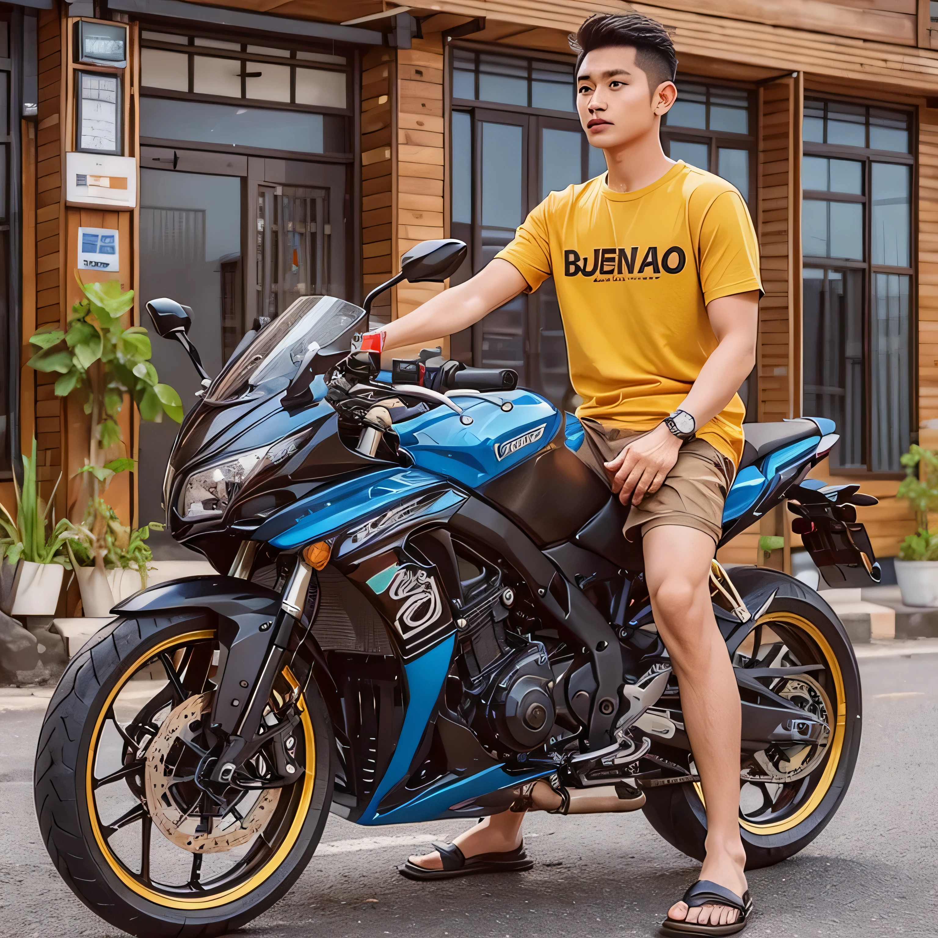 gambarkan 3D realistis seluruh tubuh, bidikan lebar, pria Indonesia wajah bersih dengan rambut undercut pendek, mengenakan kaos kuning dan celana pendek, memakai sandal dikakinya, mengendarai sepeda motor berwarna biru dan hitam dengan beberapa aksen warna kuning. Sepeda motor tersebut diparkir di depan sebuah bangunan dengan jendela besar.\n\nSelain itu, there is a sticker on the motorbike that says "OPEN BO". Latar belakang adalah bangunan bata coklat dengan jendela besar. Di latar belakang juga terdapat pot tanaman. pria tersebut menunggangi mtor dengan tangan memegang stank motor, realistis, photography, wajah tersenyum, mengendarai