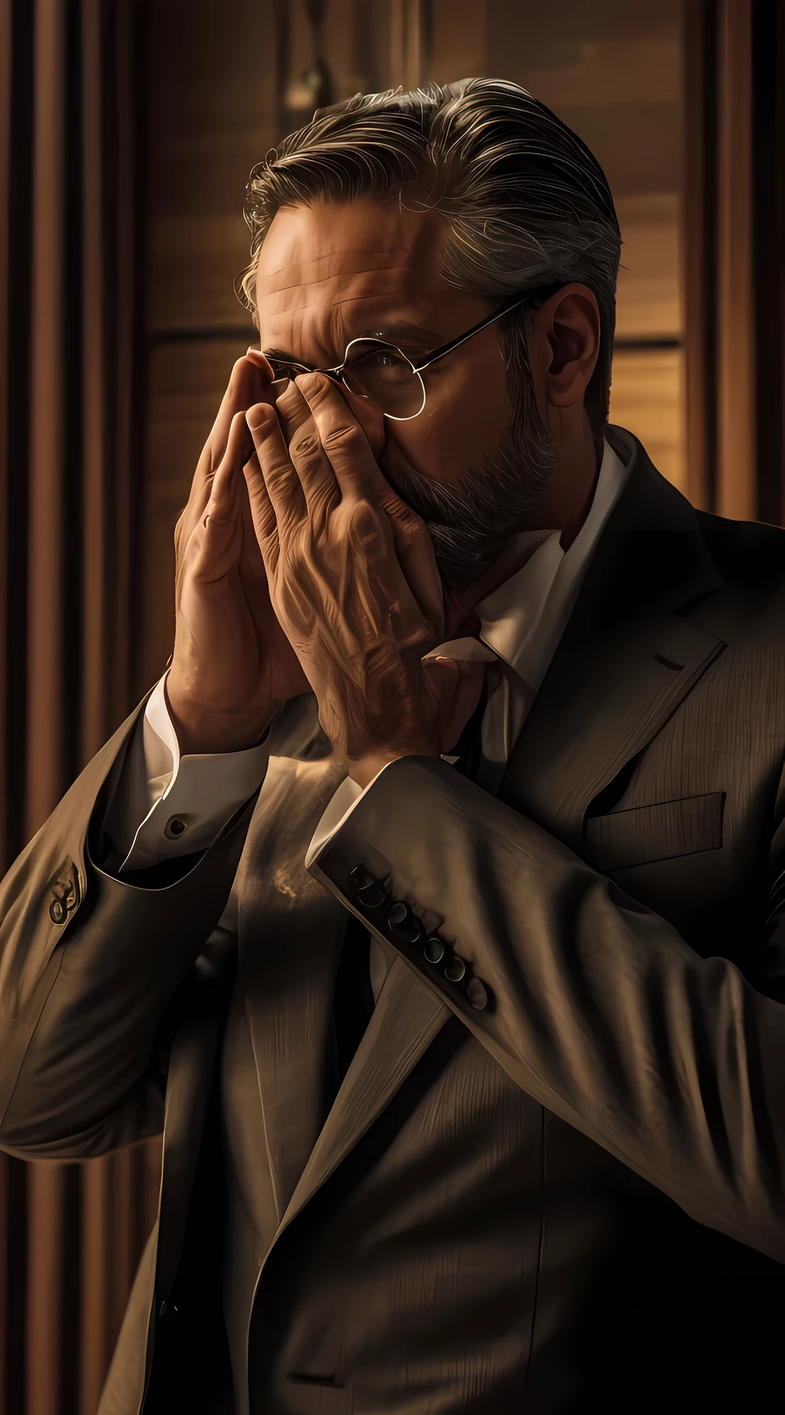 The man dressed in a suit and wearing glasses. He has his hands covering his face, especificamente seus olhos. O homem tem cabelos grisalhos e barba, and your eyebrows are slightly arched. He is wearing a wedding ring on his left hand. The man's suit is brown, and he's standing in front of a window. The window is covered by a curtain, And there's a chair visible in the background. The overall lighting of the image is poor, creating a sense of drama and intensity.