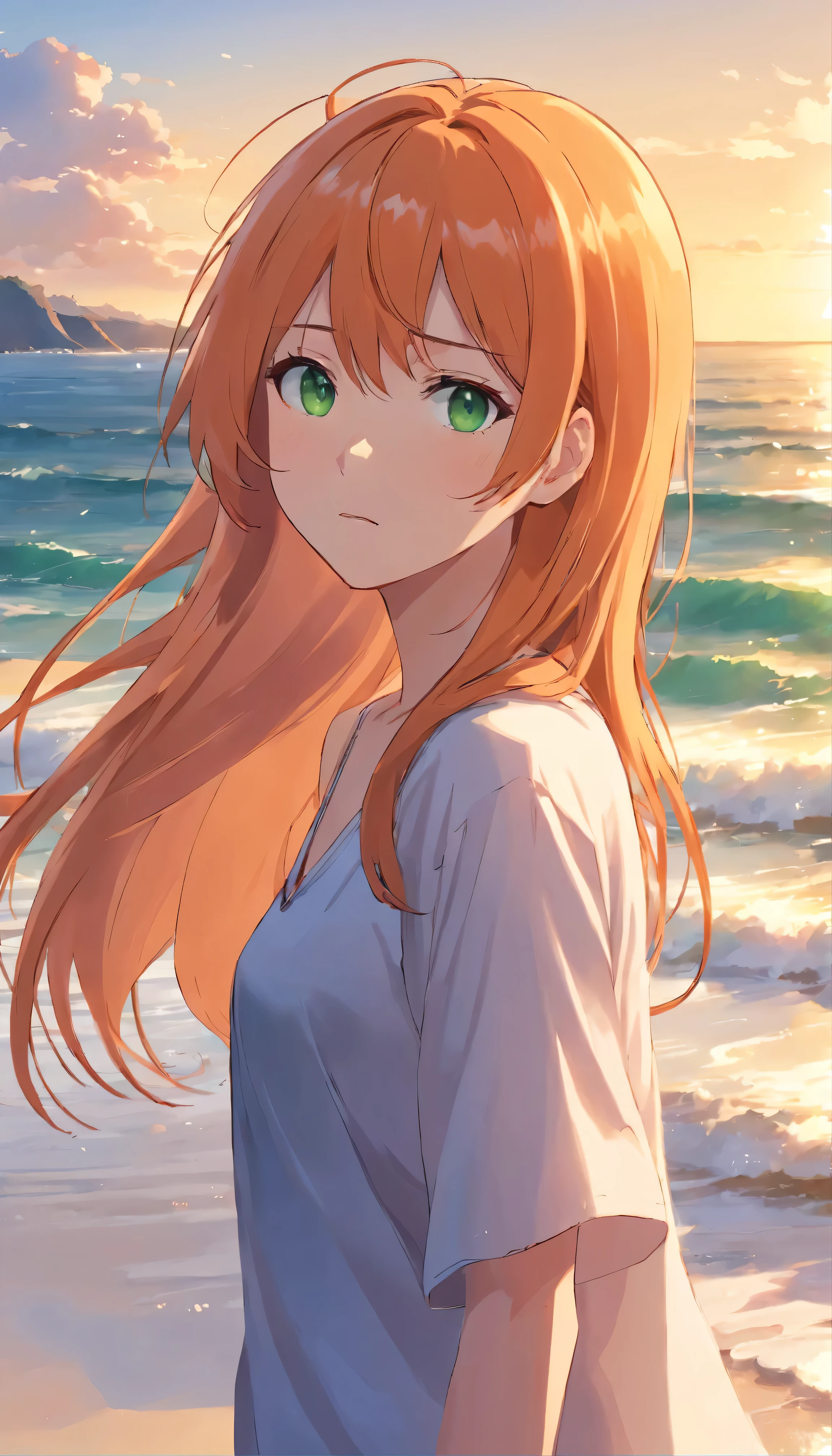 Anime girl with long orange hair, standing on the beach near the ocean, green eyes detailed digital anime art, anime girl with long hair, гладкое аниме cg art, anime girl with long hair, digital anime art, work in Guweiz style, Beautiful anime portrait, Photorealistic render of an anime girl, Beautiful anime girl, advanced digital anime art, guweiz на artstation pixiv HD UHD HQ