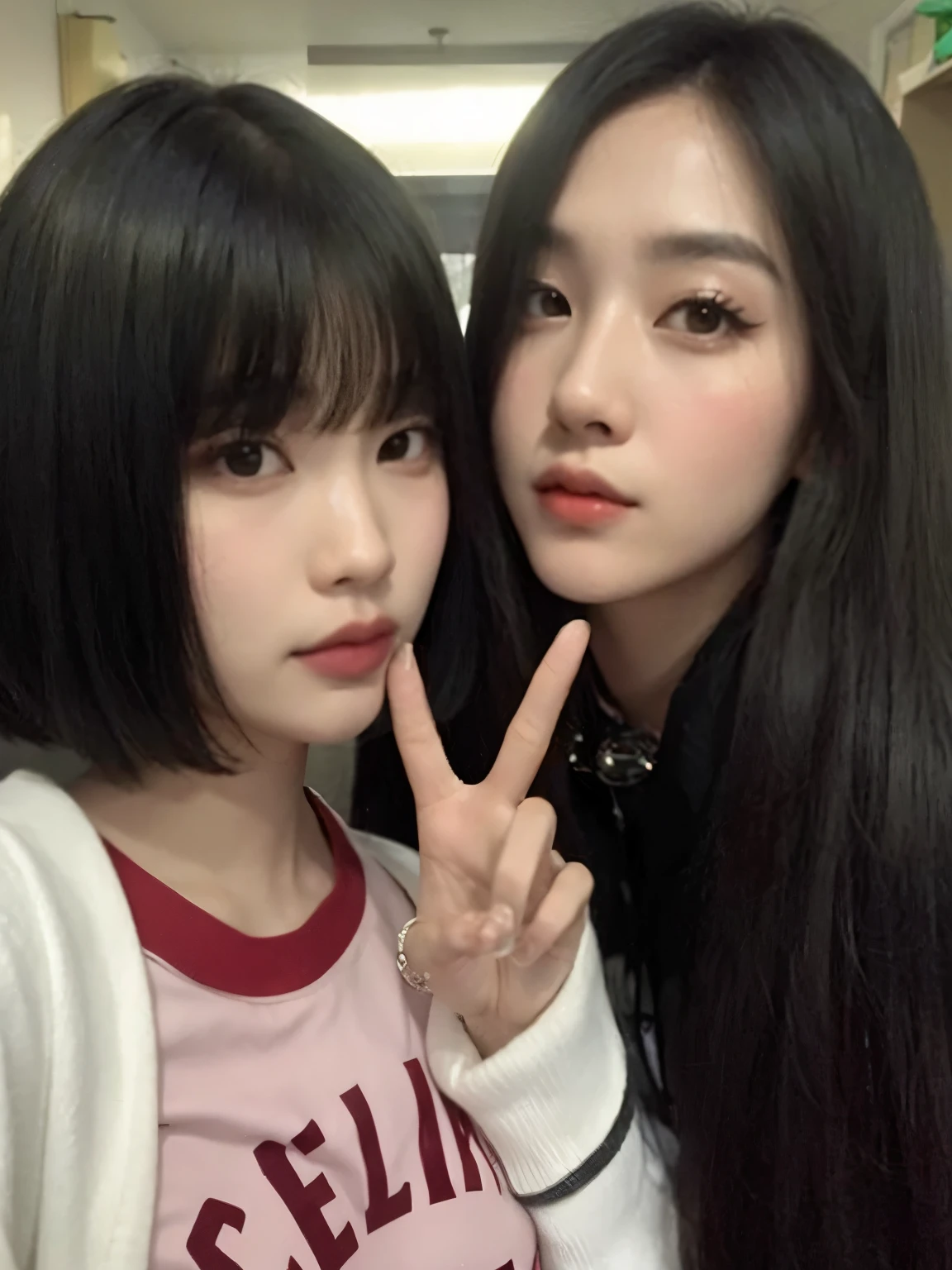 Two Asian women posing for a photo in a room., ulzzang, foto de perfil, nixeu y sakimichan, con negro, 8K)), Jaeyeon Nam, ella tiene el pelo negro con flequillo, sakimichan, Lalisa Manobal, jinyoung shin, pelo cortado hime negro, maquillaje popular de corea del sur, 🔞🤡
