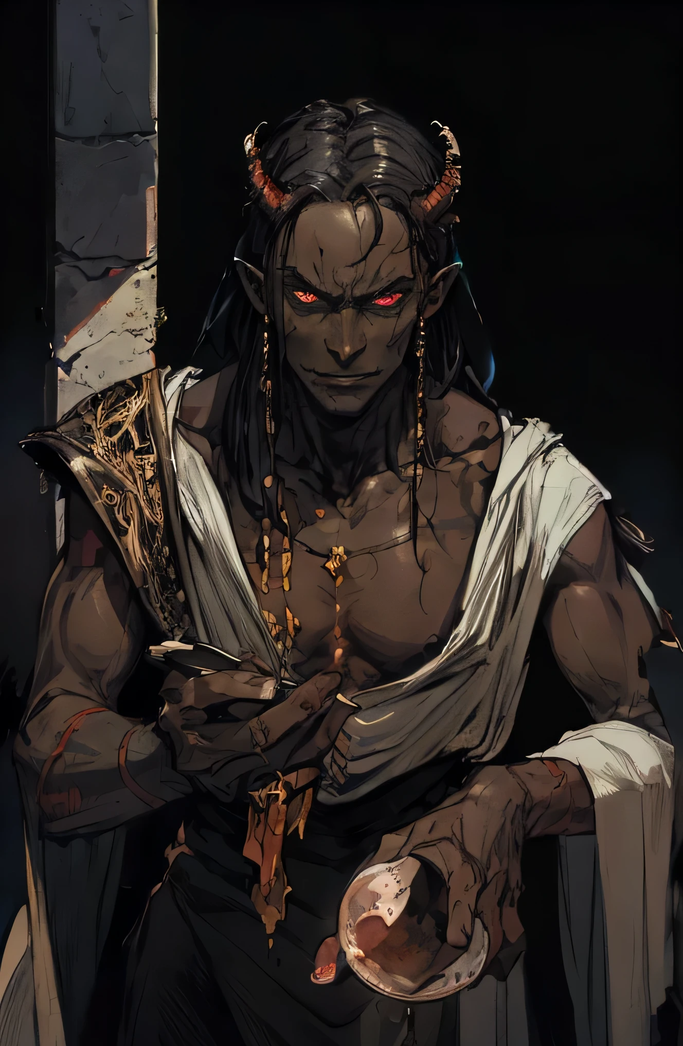 male red skinned tiefling, savage, sitting down trying to read a childrens book, long black hair, black horns, hell background, red skin, dnd, colored