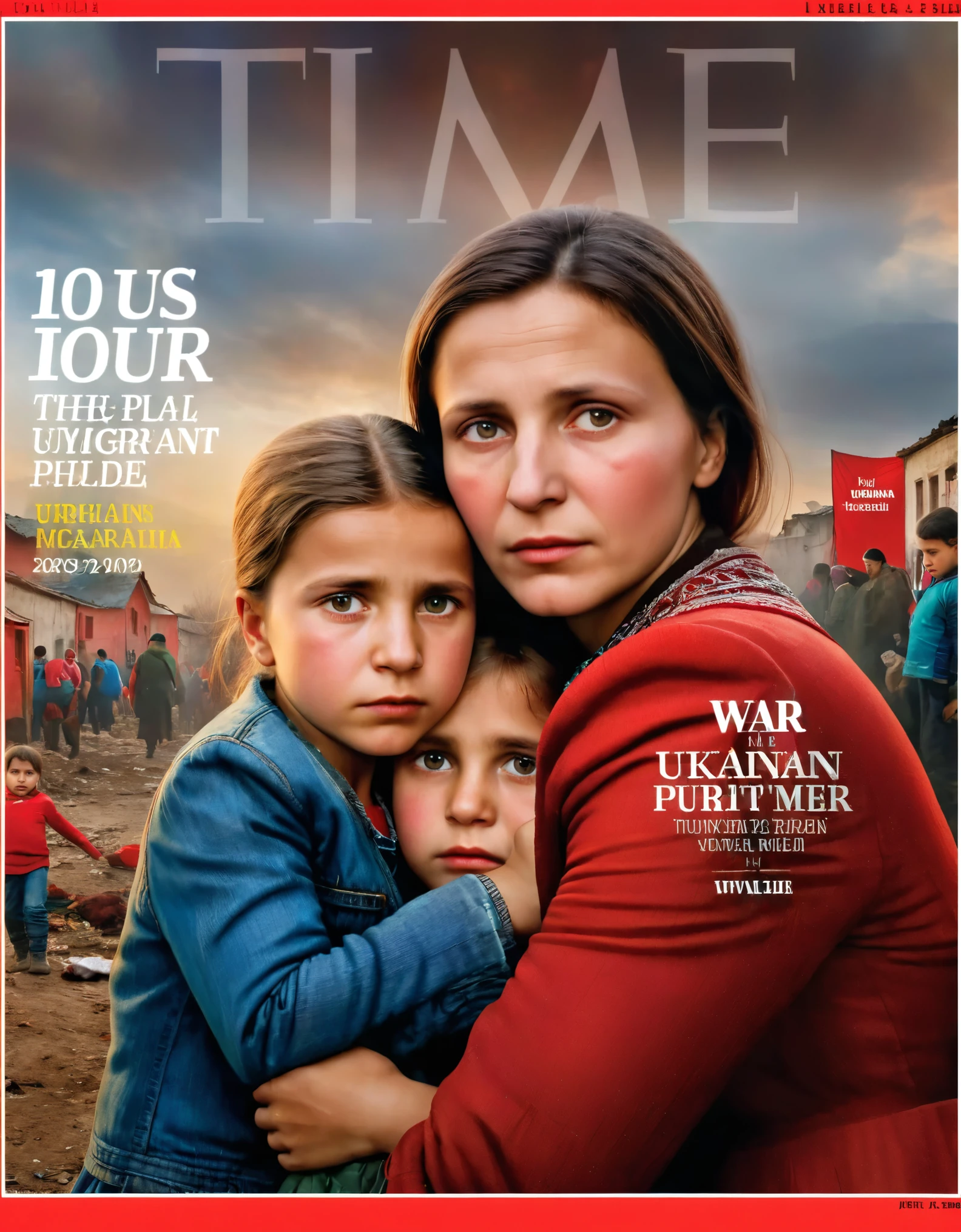 Time magazine cover, time magazine with original red border retained, photo-realistic photographu of ukrainian migrant woman looking into the distance with two children hiding their faces with hands, 2023 year, street photography style, realistic, lots of detail, captions under photo on cover, add the word WAR