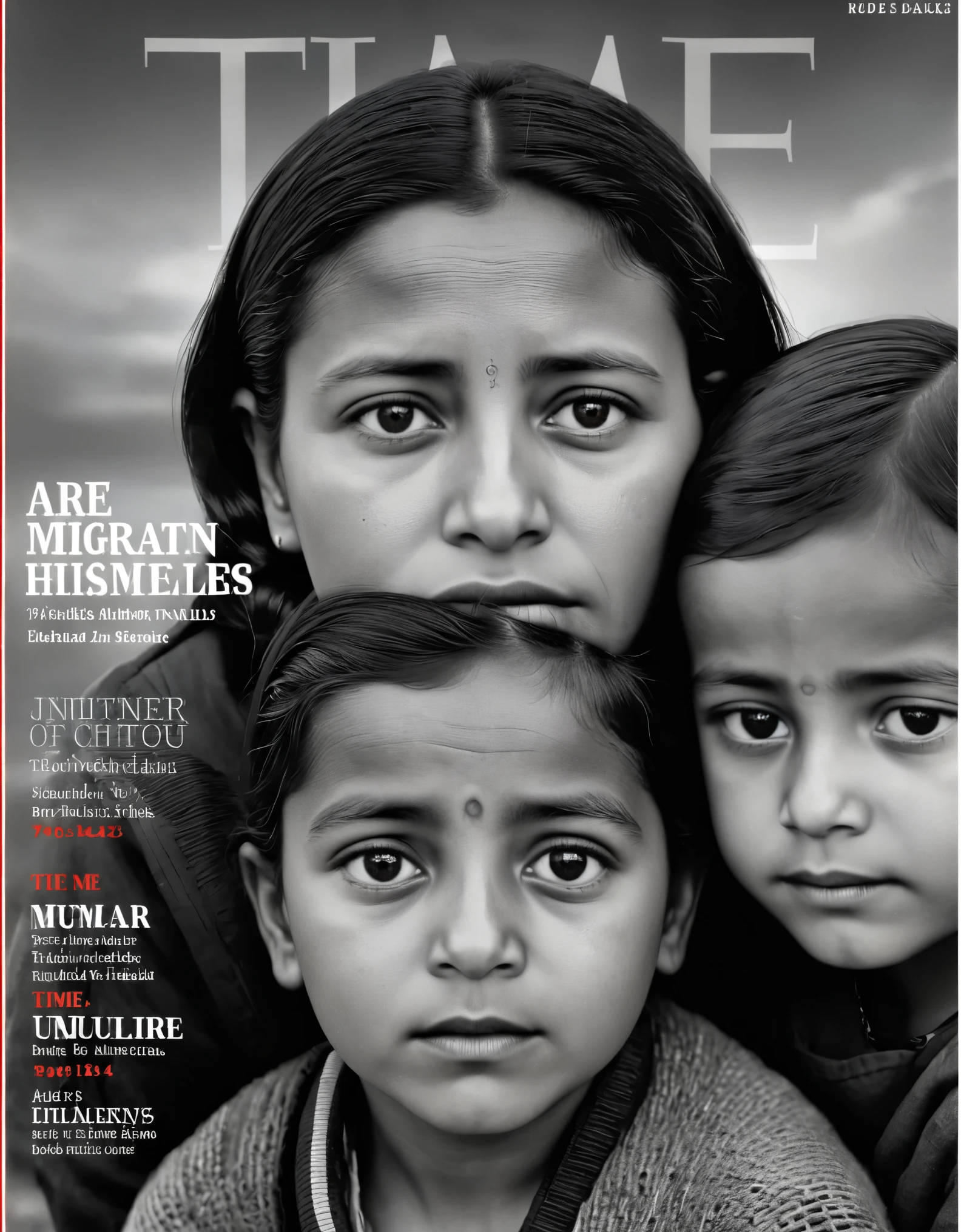 Time magazine cover, time magazine with original red border retained, photo-realistic black and white image of migrant woman looking into the distance with two children hiding their faces, 1936. realistic photo, lots of detail, captions under photo on cover