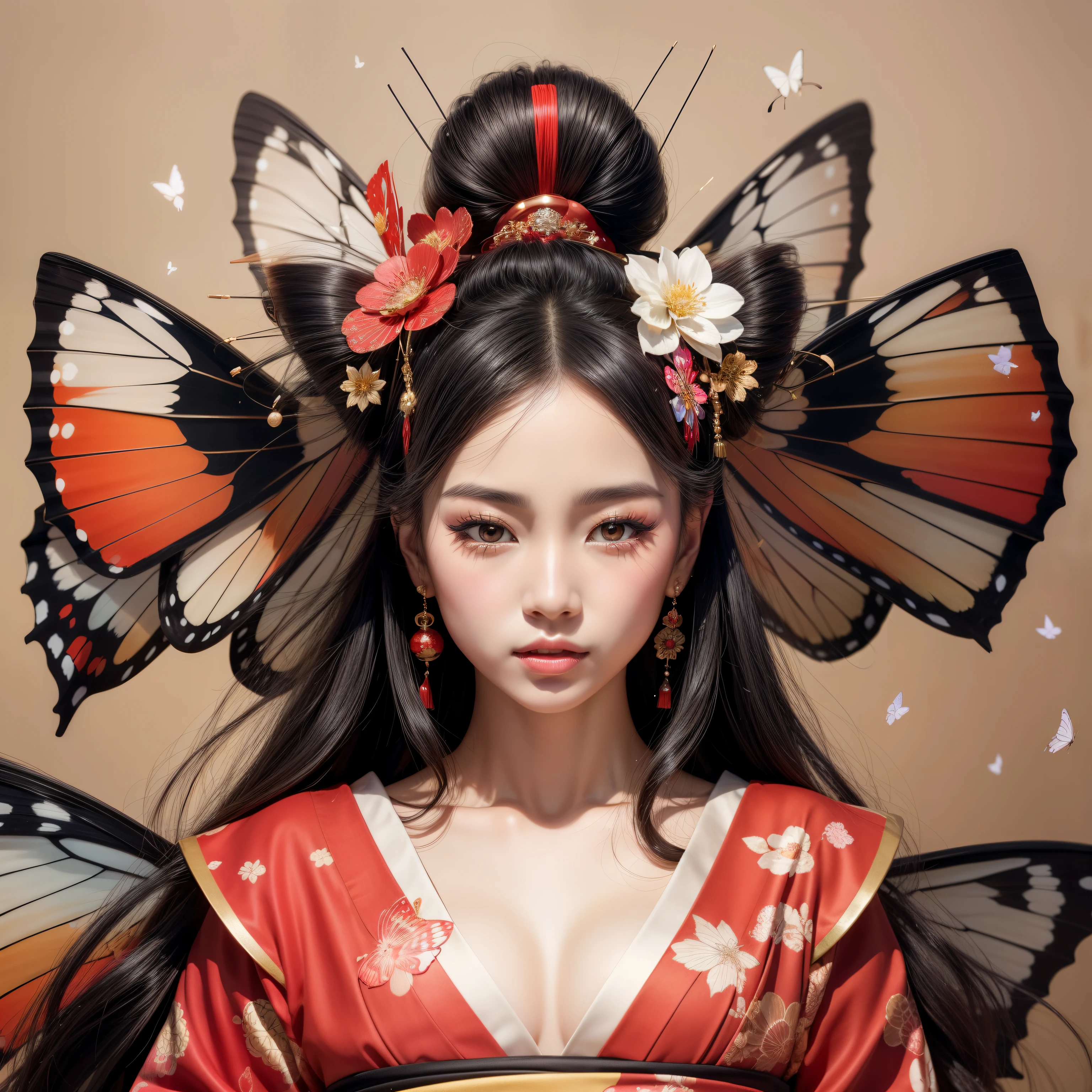 A beautiful young geisha with long flowing black hair, silky skin, beautiful eyes, beautiful lips, wearing earrings, ornaments in her hair, with two butterfly wings behind her head, wearing a beautiful kimono, with bouquets of flowers on both sides, and on the background, butterflies flying around and under your head, beautiful hyperrealistic geisha, of butterflies, a photorealistic adorned geisha, beautiful spring geisha of intricate details. .