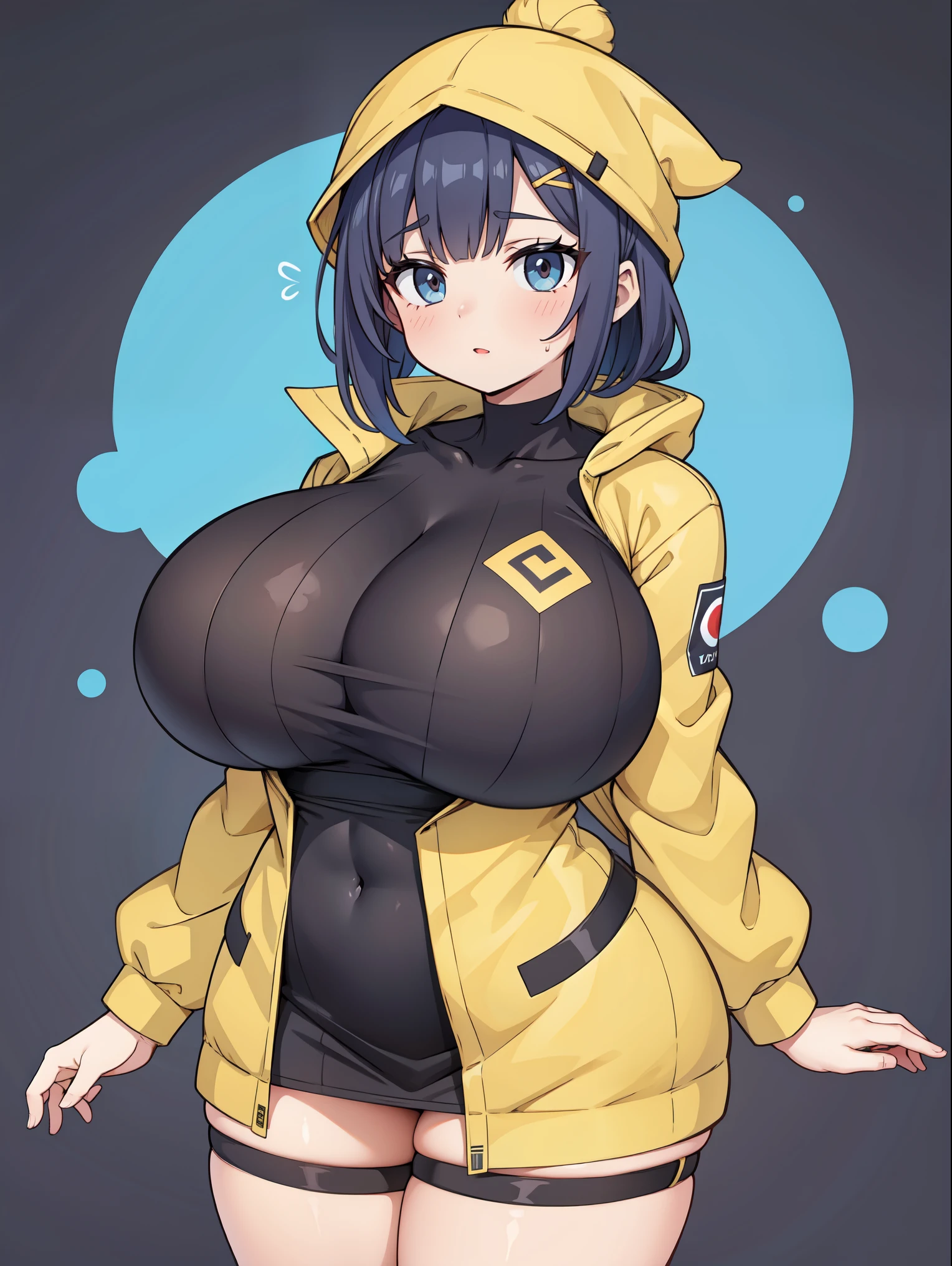 Korean female with curvy sexy body with huge breasts wearing yellow rain coat