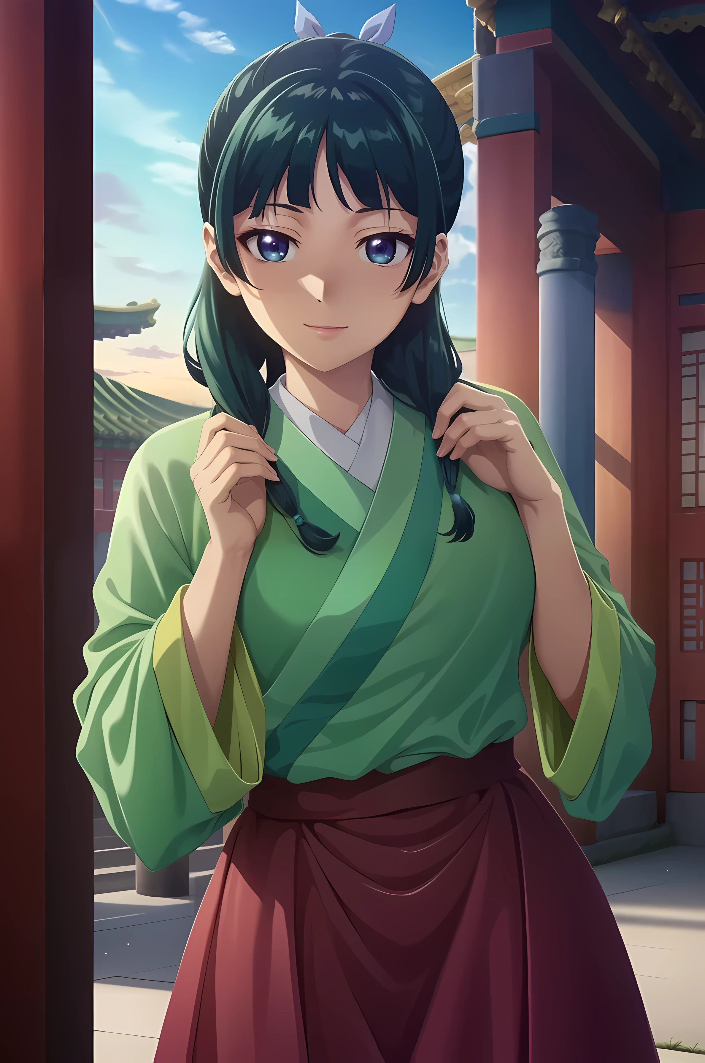 outdoors, nature, trees, chinese temple, sky, basket, on back, own hands together, smile, maomao,1girl,blunt bangs,green hair,long hair,blue eyes,solo, gonvgreen,sidelocks,twin braids,hair over shoulder,hair beads,half updo,single hair bun,hair ribbon,blue ribbon,freckles,hanfu,green japanese clothes,long sleeves,wide sleeves,purple skirt,long skirt,shoes,, Exquisite visuals, high-definition,masterpiece,best quality,, 18yo,Young female,Beautiful Fingers,Beautiful long legs,Beautiful body,Beautiful Nose,Beautiful character design, perfect eyes, perfect face,expressive eyes, official art,extremely detailed CG unity 8k wallpaper, perfect lighting,Colorful, Bright_Front_face_Lighting,shiny skin, (masterpiece:1.0),(best_quality:1.0), ultra high res,4K,ultra-detailed, photography, 8K, HDR, highres, absurdres:1.2, Kodak portra 400, film grain, blurry background, bokeh:1.2, lens flare, (vibrant_color:1.2), (beautiful_face:1.5),(narrow_waist),