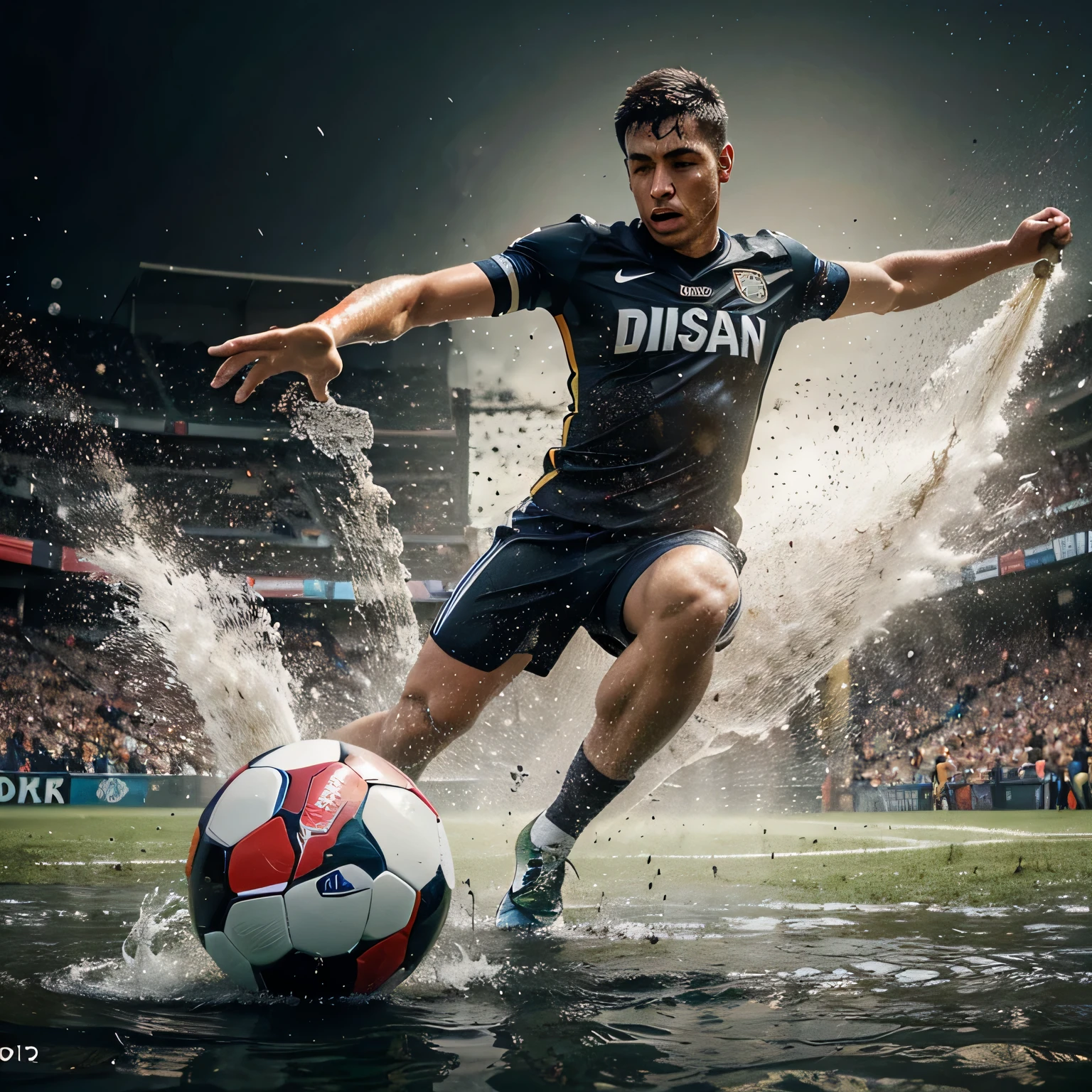 Photo, advertising product, a football player wearing a jersey with the name "Dinda Regarsport" is taking a penalty kick. There was a splash of wet earth and splashes of murky water surrounding the ball. Creates a dynamic and energetic effect. The ball shot strongly and you could see the effect of the speed and spin of the ball flying towards the goal.