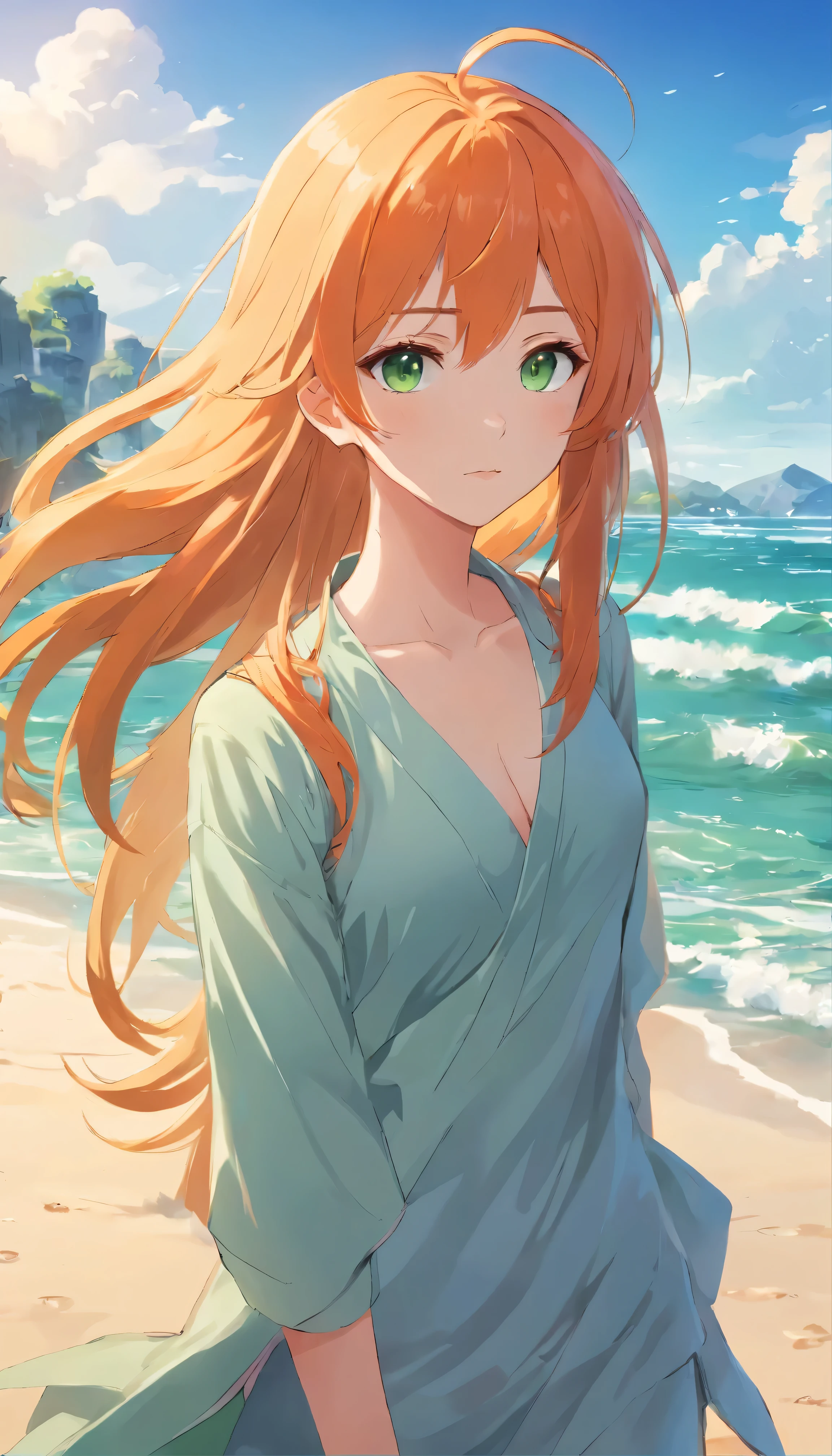 Anime girl with long orange hair, standing on the beach near the ocean, green eyes detailed digital anime art, anime girl with long hair, гладкое аниме cg art, anime girl with long hair, digital anime art, work in Guweiz style, Beautiful anime portrait, Photorealistic render of an anime girl, Beautiful anime girl, advanced digital anime art, guweiz на artstation pixiv HD UHD HQ
