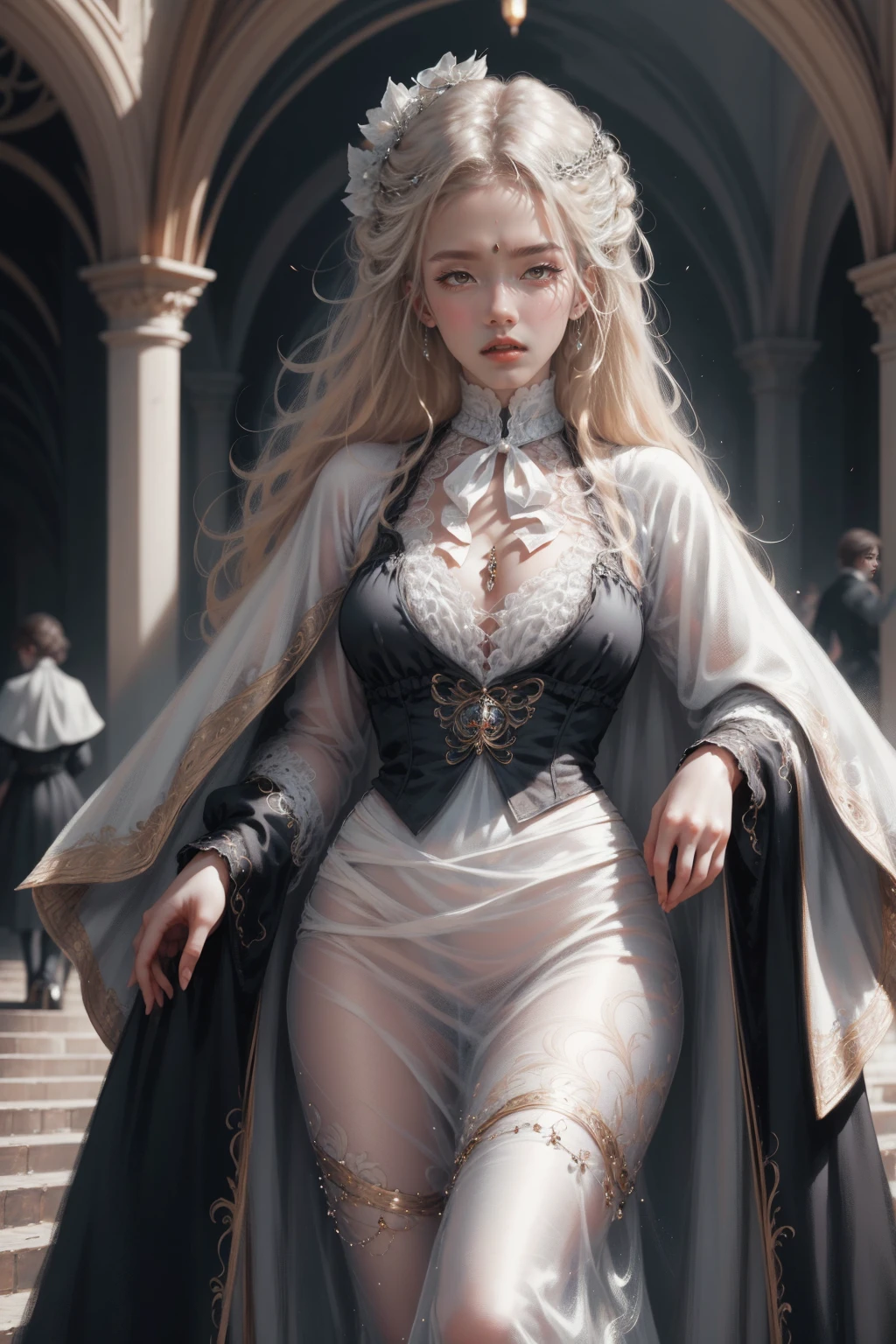 { - anatomy error}(Masterpiece - Ultra-detailed, very high resolution) Prepare to be enchanted by a true masterpiece that combines ultra-detailed art with high-resolution rendering. This work depicts a mesmerizing woman with very long blond hair (1.3) and captivating gray eyes (1.2), emanating an aura of elegance and mystery in Victorian settings. The intricate details and realistic textures invite you to explore every aspect of this enchanting composition. Woman wearing beautiful classic Victorian costume from the year 1878. Red lips. Happy face. Smiling. white (white) dress. Walking, backwards, looking back, dynamic poses. Get ready to dive into a world where beauty and craftsmanship merge perfectly.