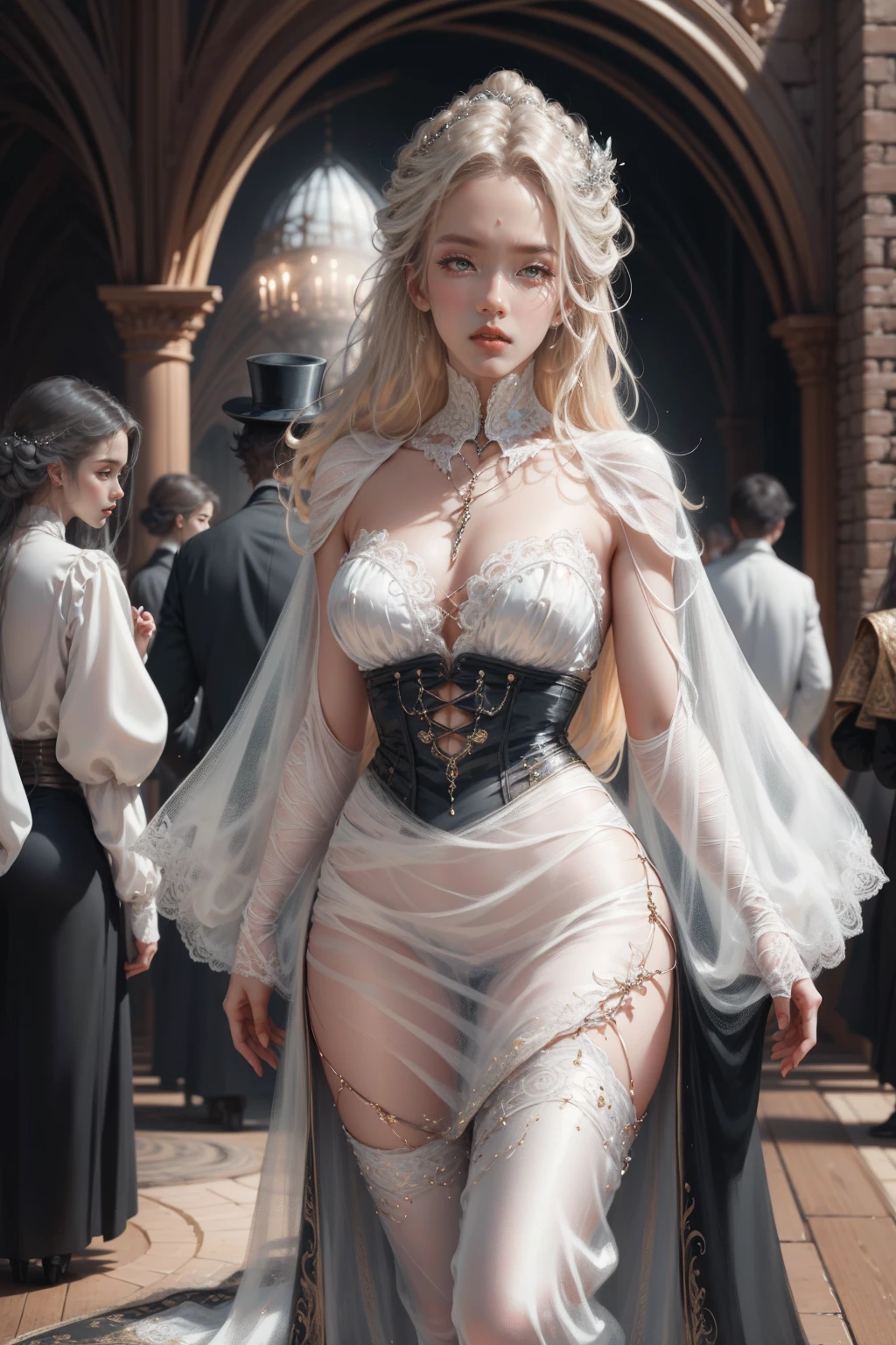 { - anatomy error}(Masterpiece - Ultra-detailed, very high resolution) Prepare to be enchanted by a true masterpiece that combines ultra-detailed art with high-resolution rendering. This work depicts a mesmerizing woman with very long blond hair (1.3) and captivating gray eyes (1.2), emanating an aura of elegance and mystery in Victorian settings. The intricate details and realistic textures invite you to explore every aspect of this enchanting composition. Woman wearing beautiful classic Victorian costume from the year 1878. Red lips. Happy face. Smiling. white (white) dress. Walking, backwards, looking back, dynamic poses. Get ready to dive into a world where beauty and craftsmanship merge perfectly.