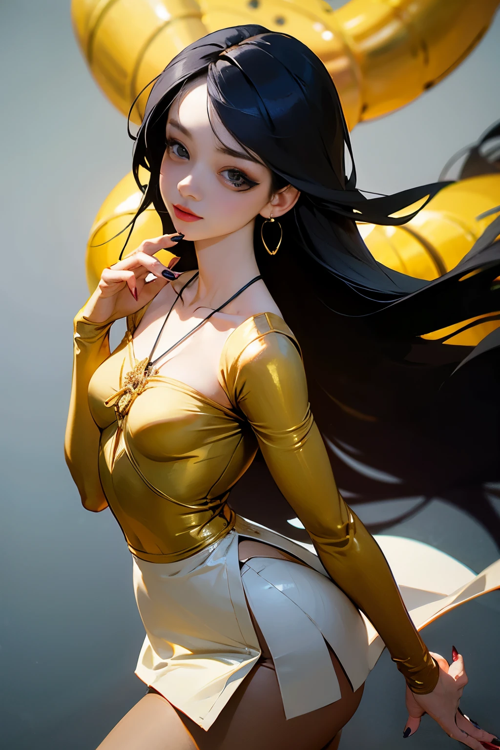 1girl, asian woman posing for photo, (simple background: 0.6), a surreal woman, (single, full body: 1.5, young, big breasts: 1.2), detailed face, wearing dress, tight clothing, long and beautiful flowing clothing, yellow cloth, yellow gorgeous dress, close-up of woman, golden ratio figure, funny costume, smooth white tights suit, black stockings, gorgeous chinese model, seductive girl, sexy outfit