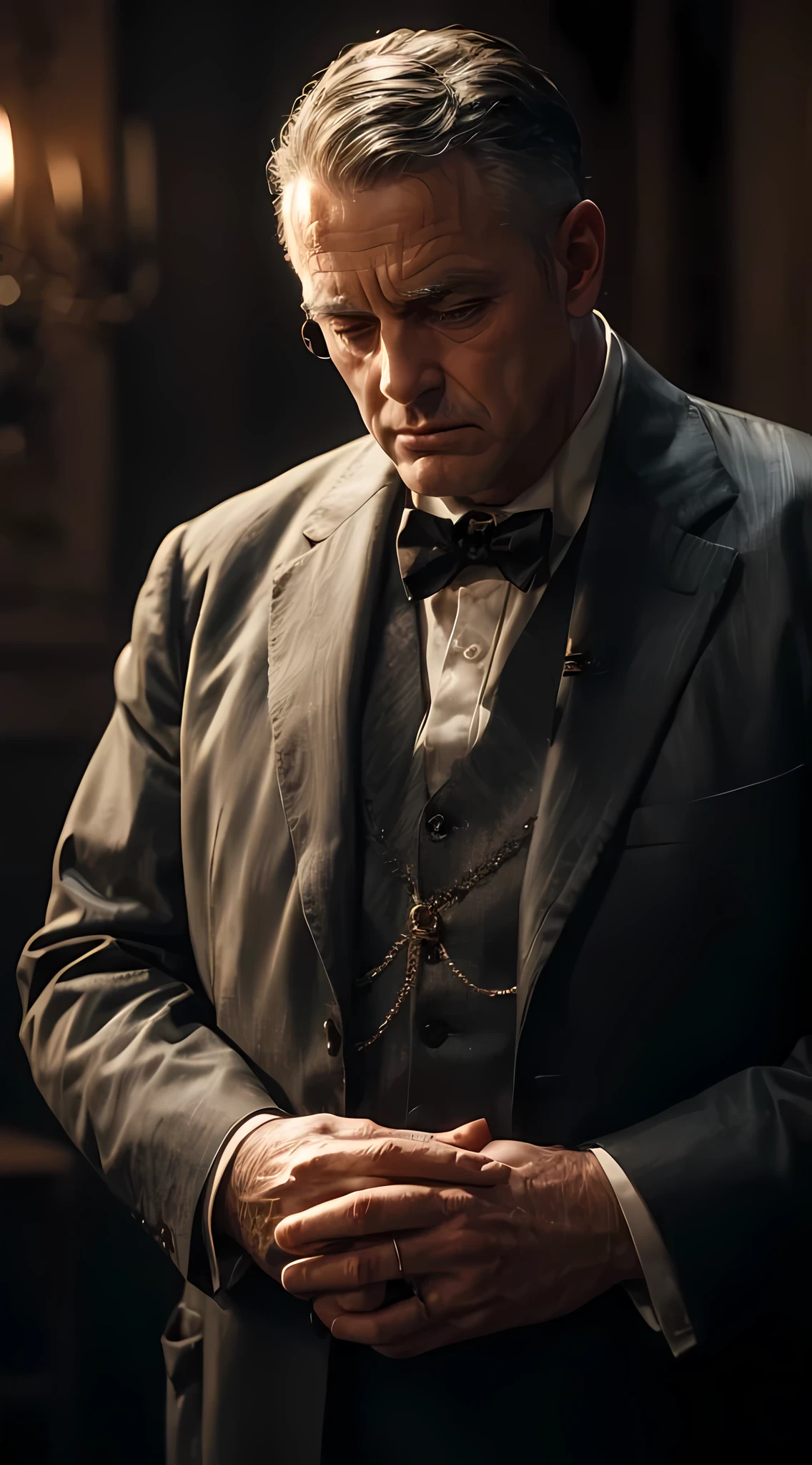 A imagem mostra um homem vestido de terno e gravata borboleta, looking at your hands. He is wearing a necklace and a wedding ring. The room is dark, and there&#39;s a light deep inside.