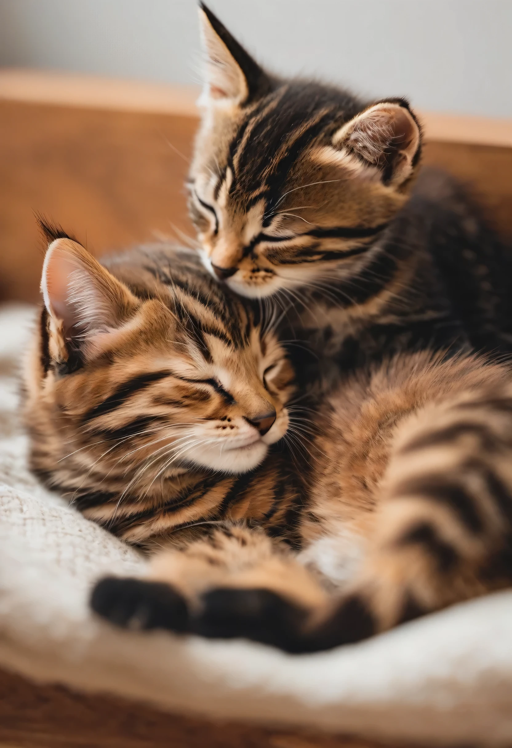An adorable brown tabby kitten sleeping cuddled next to a brown tabby cat 