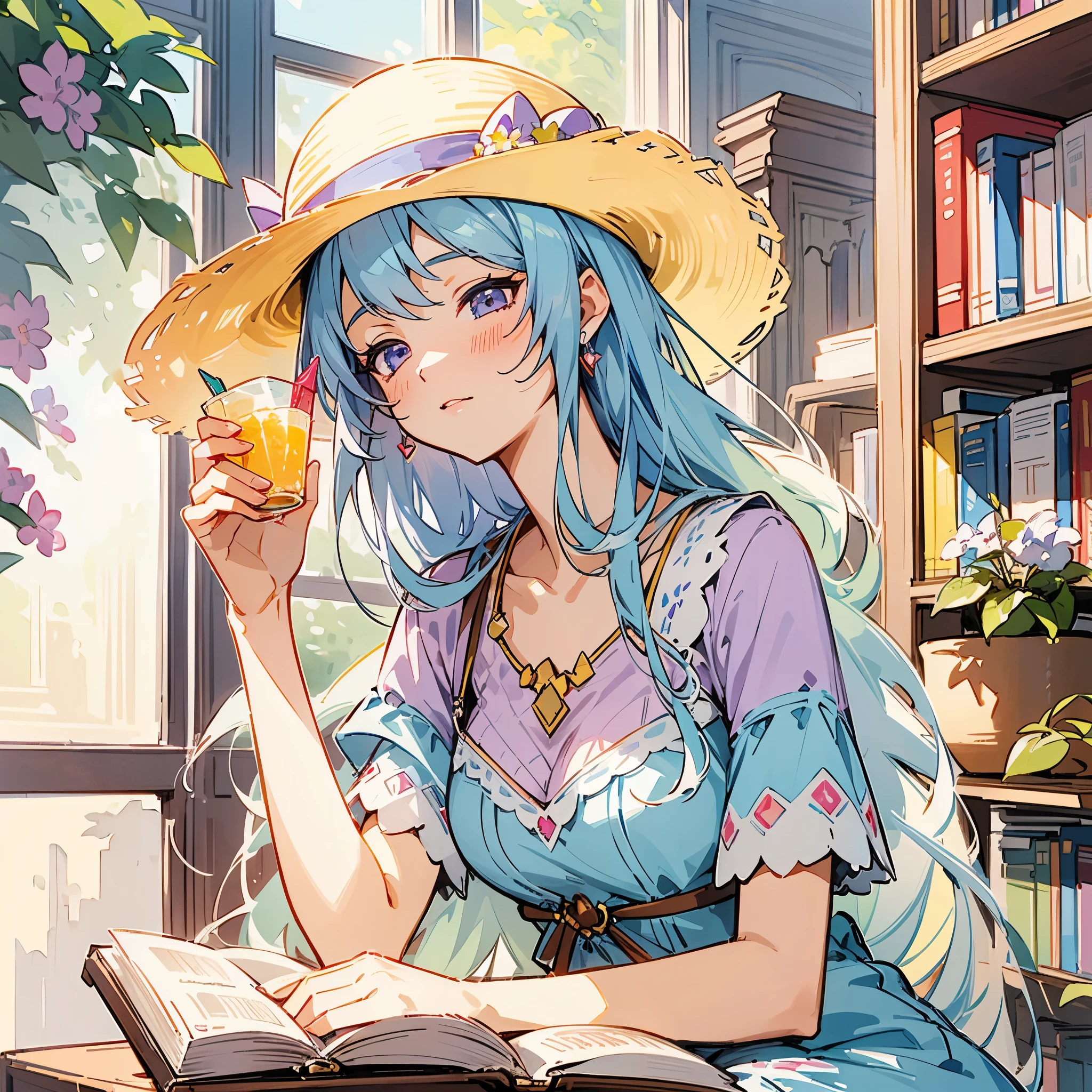 A beautiful young woman,long hair,Wear a sun hat,Listening to music with earplugs in ears,Wearing a lilac dress,Sitting by the library window,drinking a drink,read a book。Vista composition,full body picture,characters and scenes,Anime illustration style,watercolor style,Sketch portraits of people,high-definition,4k。