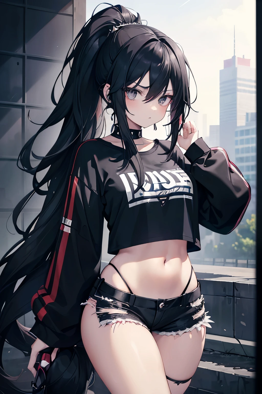 1girl, black eyes, gothic, black hair, black t-shirt with sleeves and spikes, (black jeans), metal spikes surrounding the girl's right leg, ((black headphones)), wavy ponytail, hair over shoulder, very long hair, very thick hair, (exposed hips and navel), worn t-shirt, torn t-shirt, aesthetic t-shirt, anime