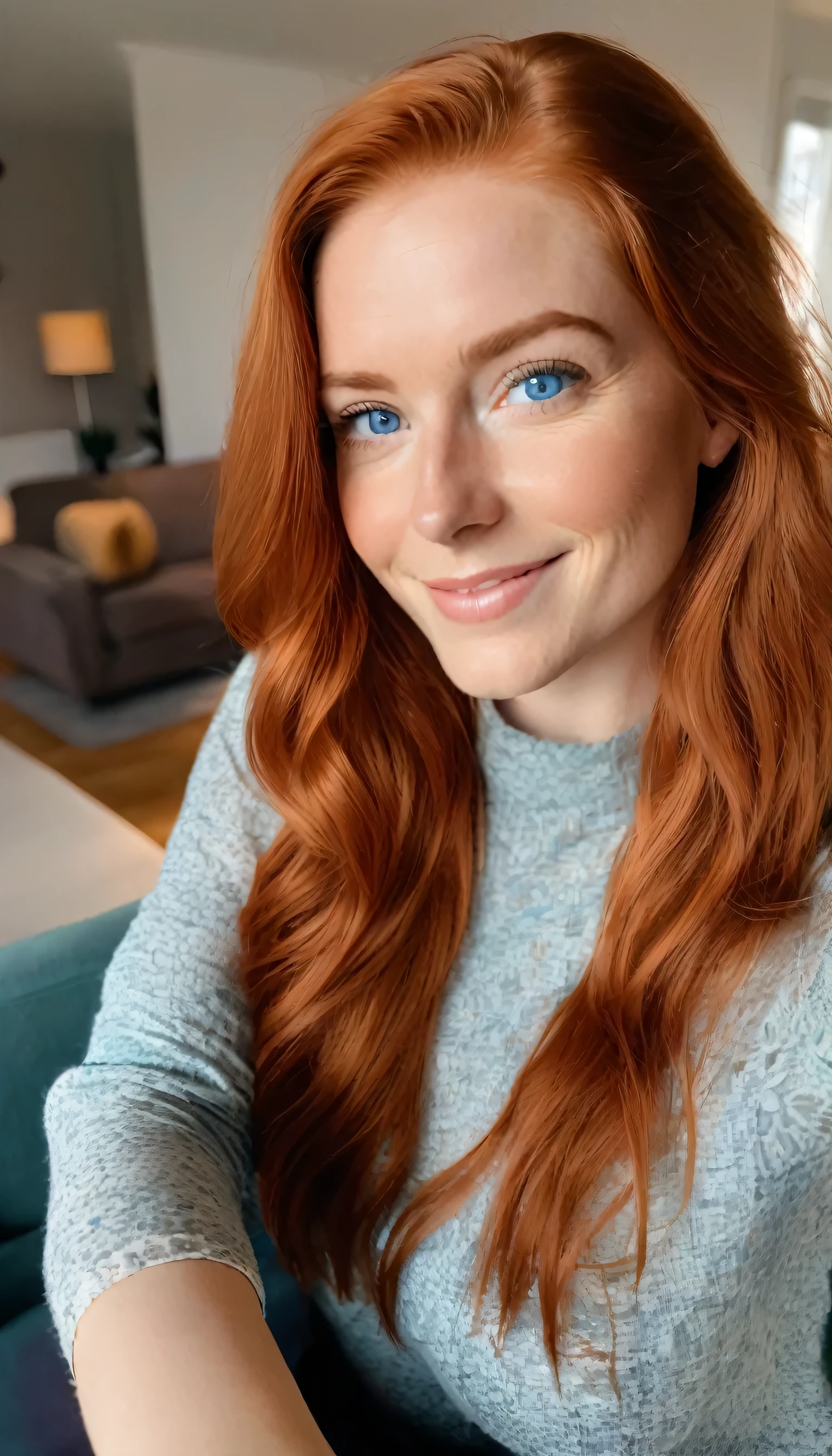 A selfie of a beautiful 25 year old woman with long red hair, bright blue eyes and a gentle smile. Ihre Frisur ist zerzaust. Your hands are free (detailed hands). Im Vordergrund sitzt eine Frau auf einem Sofa im Wohnzimmer. Es ist nachts, dunkel. Ambientelicht. Strukturierte Haut, Rundungen, perfekte Figur, medium sized breasts. She is wearing pajamas. In the background there is a beautifully decorated living room. Selfie, Fotorealistisch, gedimmtes Licht, schnelle Belichtungszeit, mittlere Blende, mittlere Brennweite.
