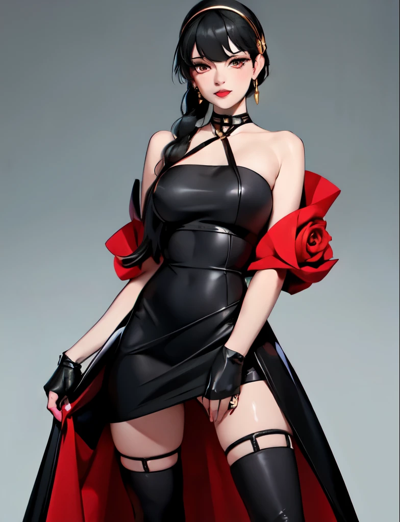 A tall young woman with a slender busty frame. long, straight, black hair reaching her mid-back with short bangs framing her forehead in a more elaborate updo formed from braids wrapping around her head and upturned red eyes. a form-fitting halter-style black dress that shows off her shoulders and chest, with a rose choker and a red rose pattern on the inside of her skirt. The front of the skirt is mid-thigh length, while the back reaches below her knees. She also wears a pair of black thigh-high boots with a rose symbol at the bottom of their sole and black fingerless gloves. The headband she wears is gold colored with a rose and two spikes on each side. 