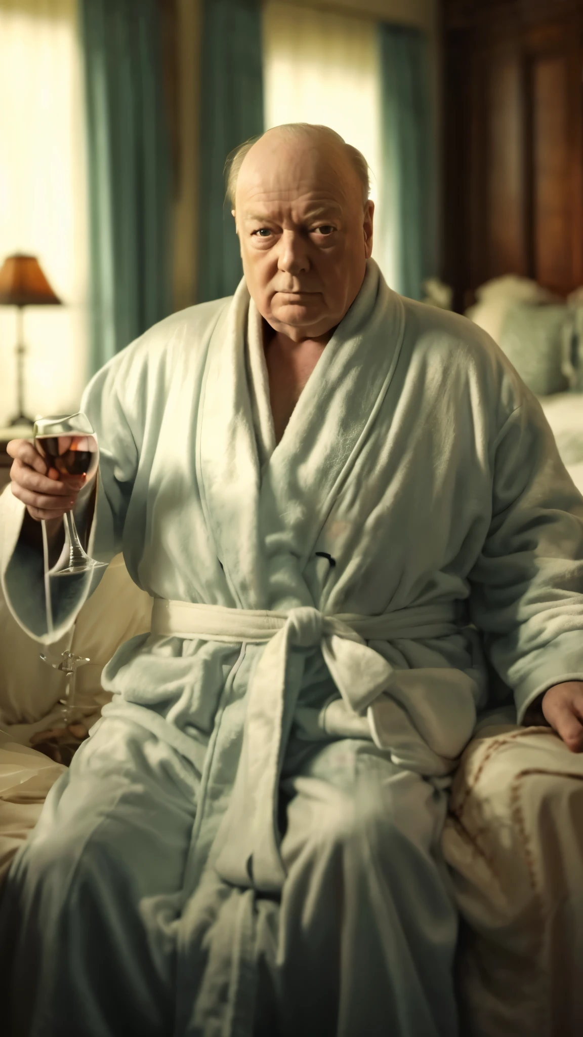 Winston Churchill in a bathrobe sits on a bed with a glass of wine.