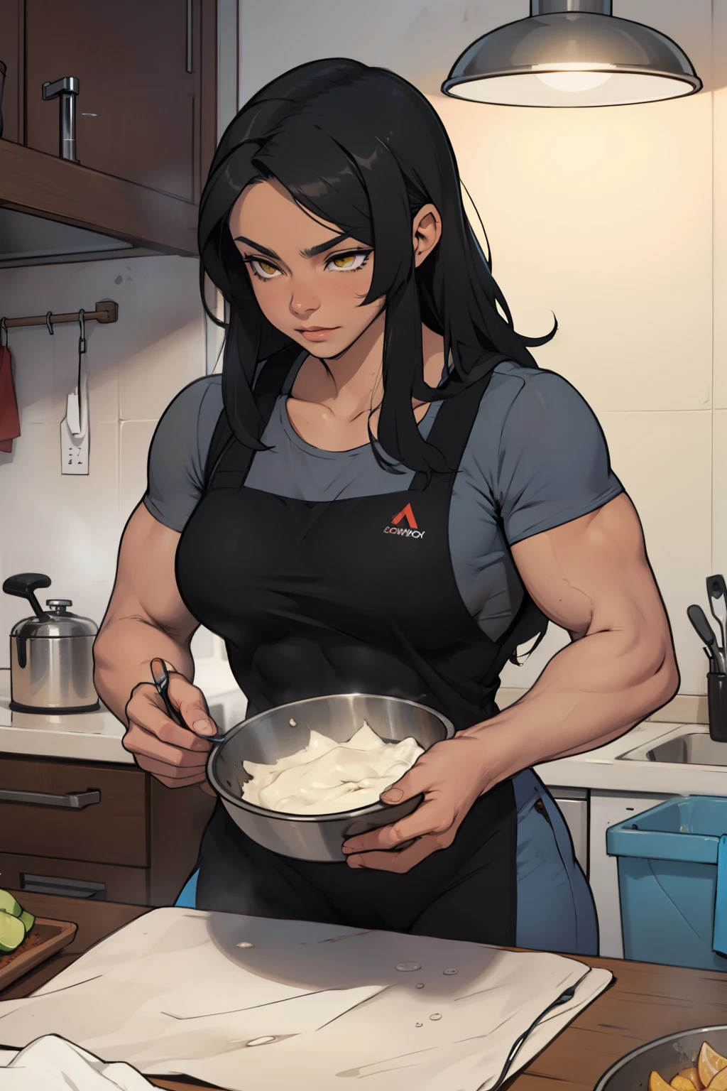 a muscular woman washing dishes black hair yellow eyes