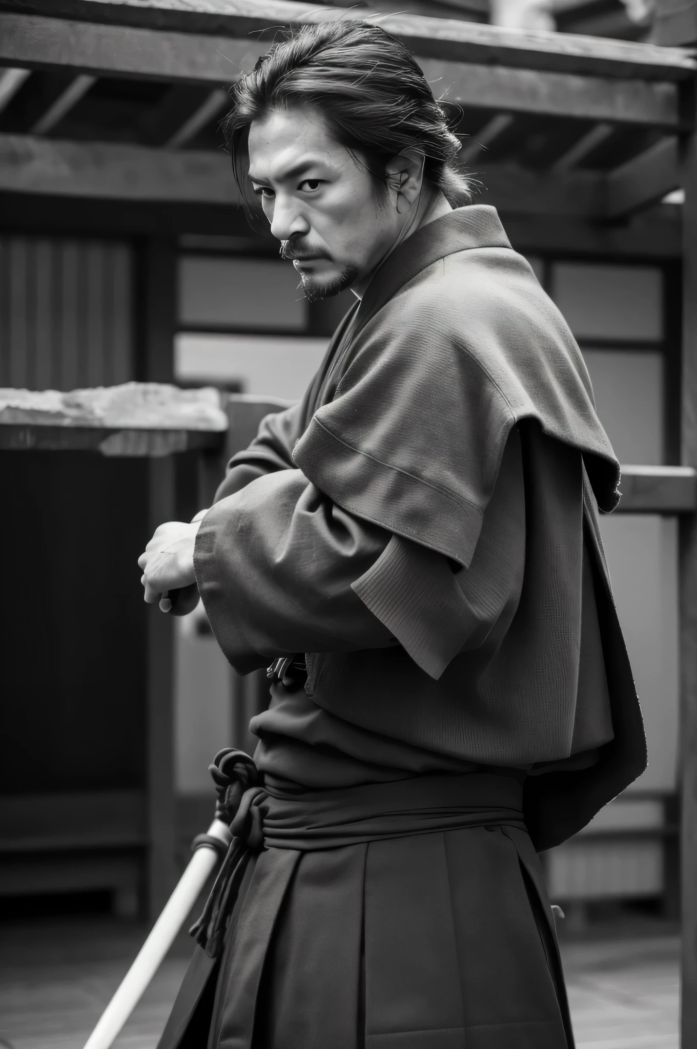 High quality photo, Middle age men, samurai men, ronin, legend, cool pose, black white, look at viewer, hold a samurai