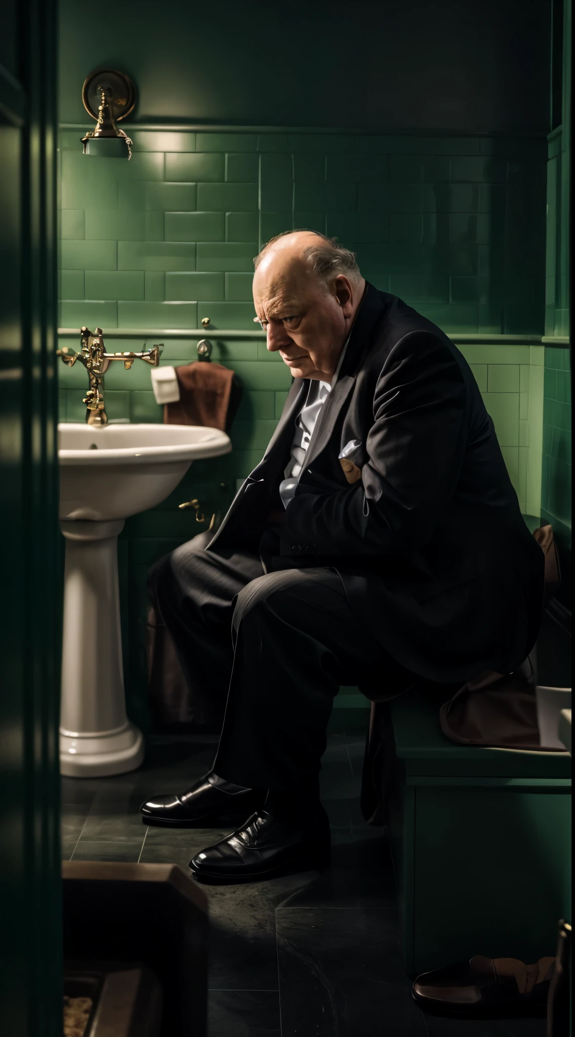 Winston Churchill is sitting on a toilet in a green-tiled bathroom. He is dressed in a suit and appears to be deep in thought. A sink is located to his left, and a trash can is to his right. The man's shoes are black and polished.