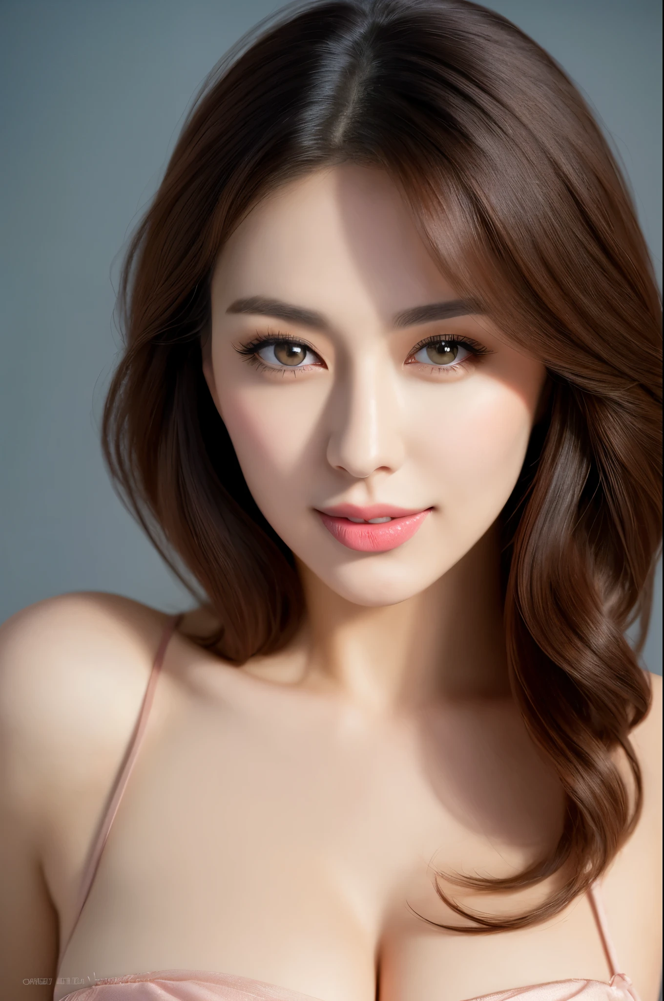 high resolution, Photo of a beautiful woman detailed face, young beautiful girl, realistic:0.5, perfect skin, (ultra-detailed background, detailed background), bokeh, gorgeous, pure, beautiful detailed face and eyes,huge breasts, (dark-brown eyes :1.1), (a pretty extremely and beautiful Japanese woman), (full body:1.3), (sexy girl), (22 years old: 1.1), (arms down:1.3), beach, (at twilight:1.4), (looking at viewer:1.2),standing (seductive:1.3, seductive posing:1.3), (gigantic breasts:1.3), (((breasts:1.5))), (thin waist:1.3), (slender:1.3), wearing cross front Cutout Halter One Piece Swimsuit, Sexy And Elegant, Insanely detailed outfit, (cute:1.2), ((K-pop idol:1.3)), (upper thigh:0.6), soft light, Lens Glow, looking at viewer, straight teeth, smile, floating hair, brown eyes,black wavy hair :1.2), bangs, extremely long hair:1.3, dark brown eyes, beautiful eyes, princess eyes, (big eyes:1.3), (double eyelids:1.2), beautiful detailed skin, (detailed beautiful girl: 1.4), smiling, Red lips, full-make-up face, (shiny skin), ((Perfect Female Body)),Perfect Anatomy, Perfect Proportions beautiful Korean actress face:1.3, extremely cute and beautiful Japanese actress face:1.3), (blush:1.1), movie lighting, cinematic, full colors, 4k, 8k, 16k, RAW photo, masterpiece, professionally color graded, professional photography, consider, soft clean focus, realistic lighting and shading, (an extremely delicate and beautiful art):1.3, elegant, active angle, dynamism pose, gray background, solo focus,