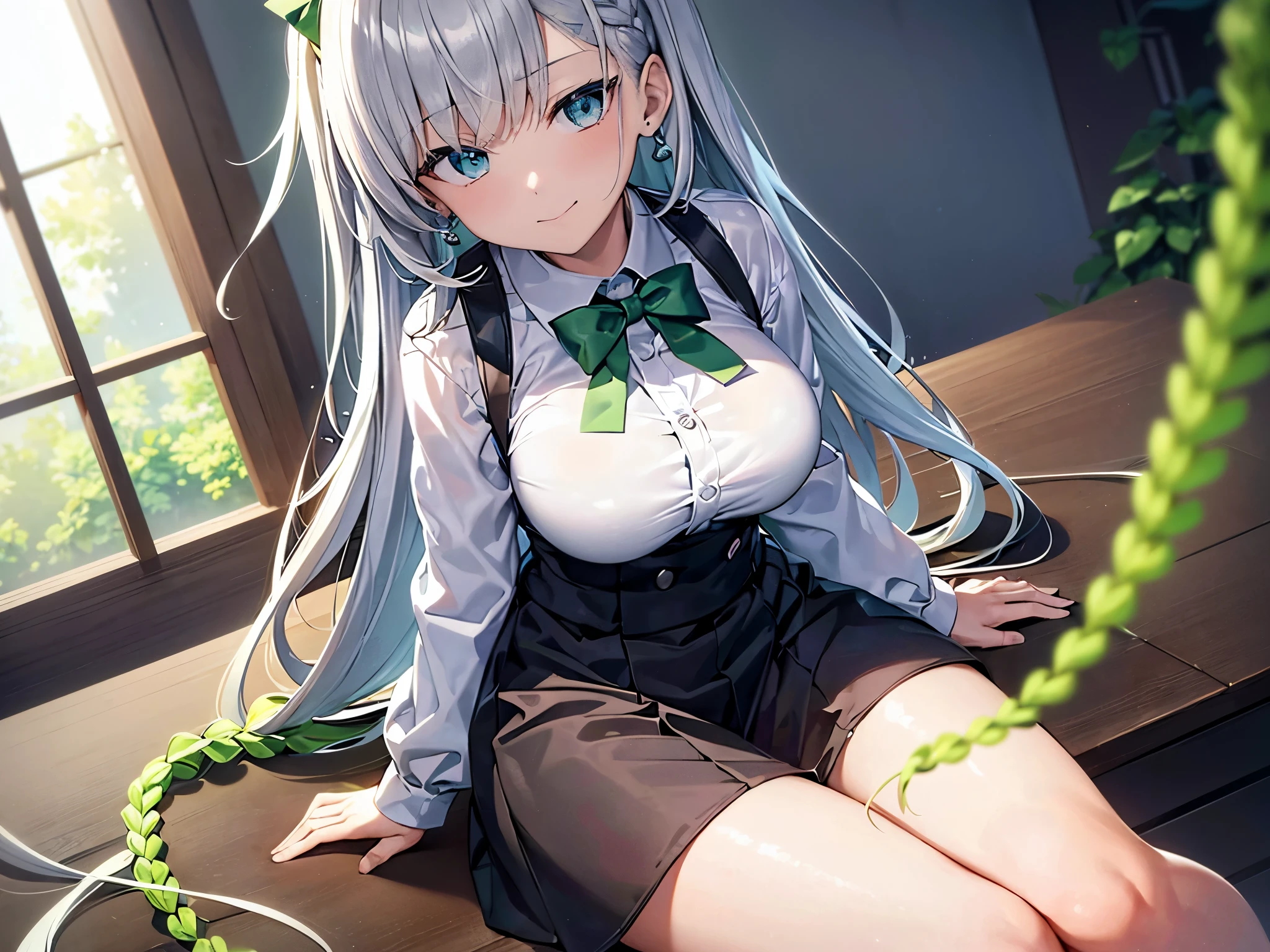 4K photo of a silver-haired girl, ************,big breasts, conjunctivitis, long hair,Green braid tied in bows left and right..........,, Wear a white dress, Short sleeve shirt. Black short skirt with stockings,  Wearing earrings and sitting in front of a computer screen....With a slightly smiling face.............