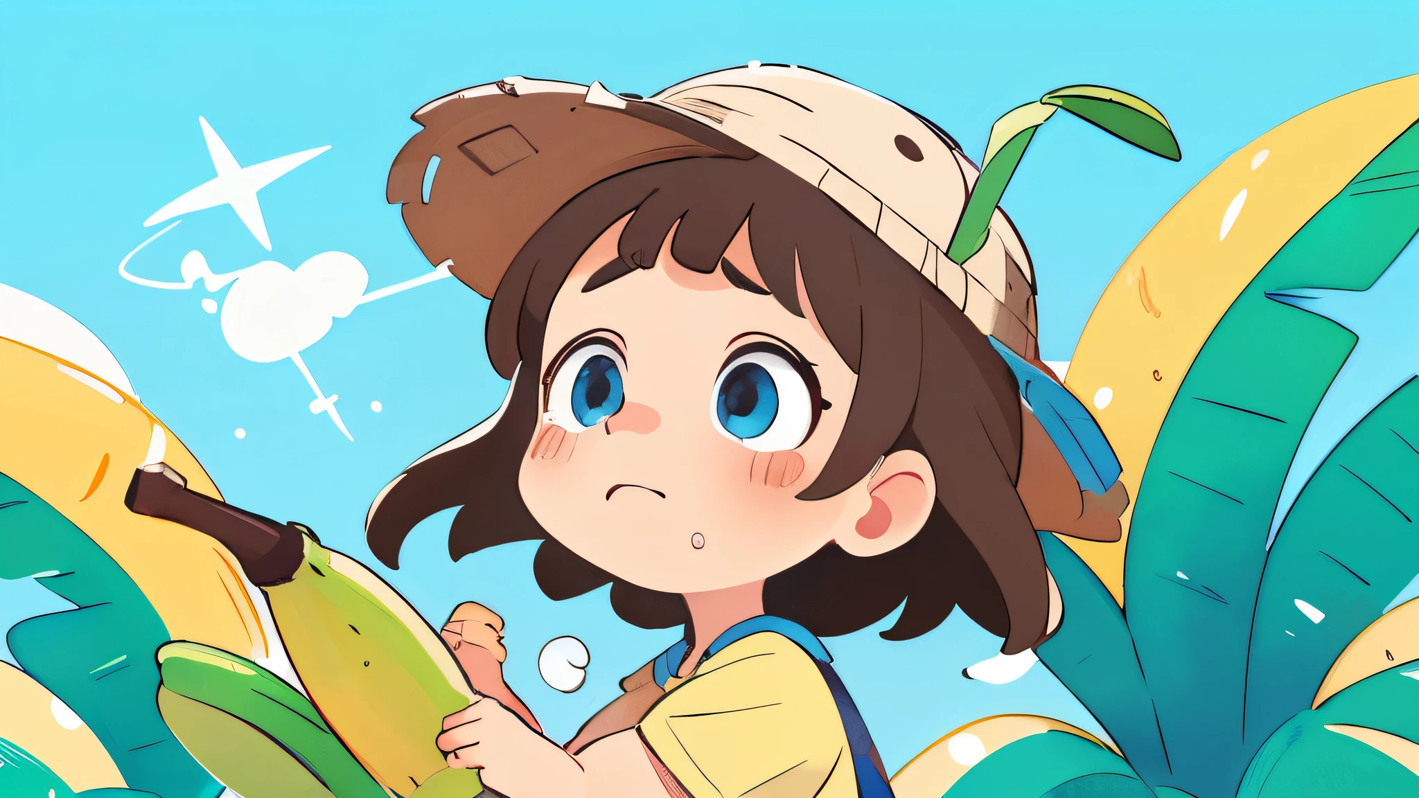 crying, tears, sad, banana hat, bananas background pattern, banana tree, blueish background, high detailed, fornite banana costume, shooting, explosion, high contrast, high saturation, guns, bananas, crying, big eyes, in a close view, front, girly brown hair, blue eyes