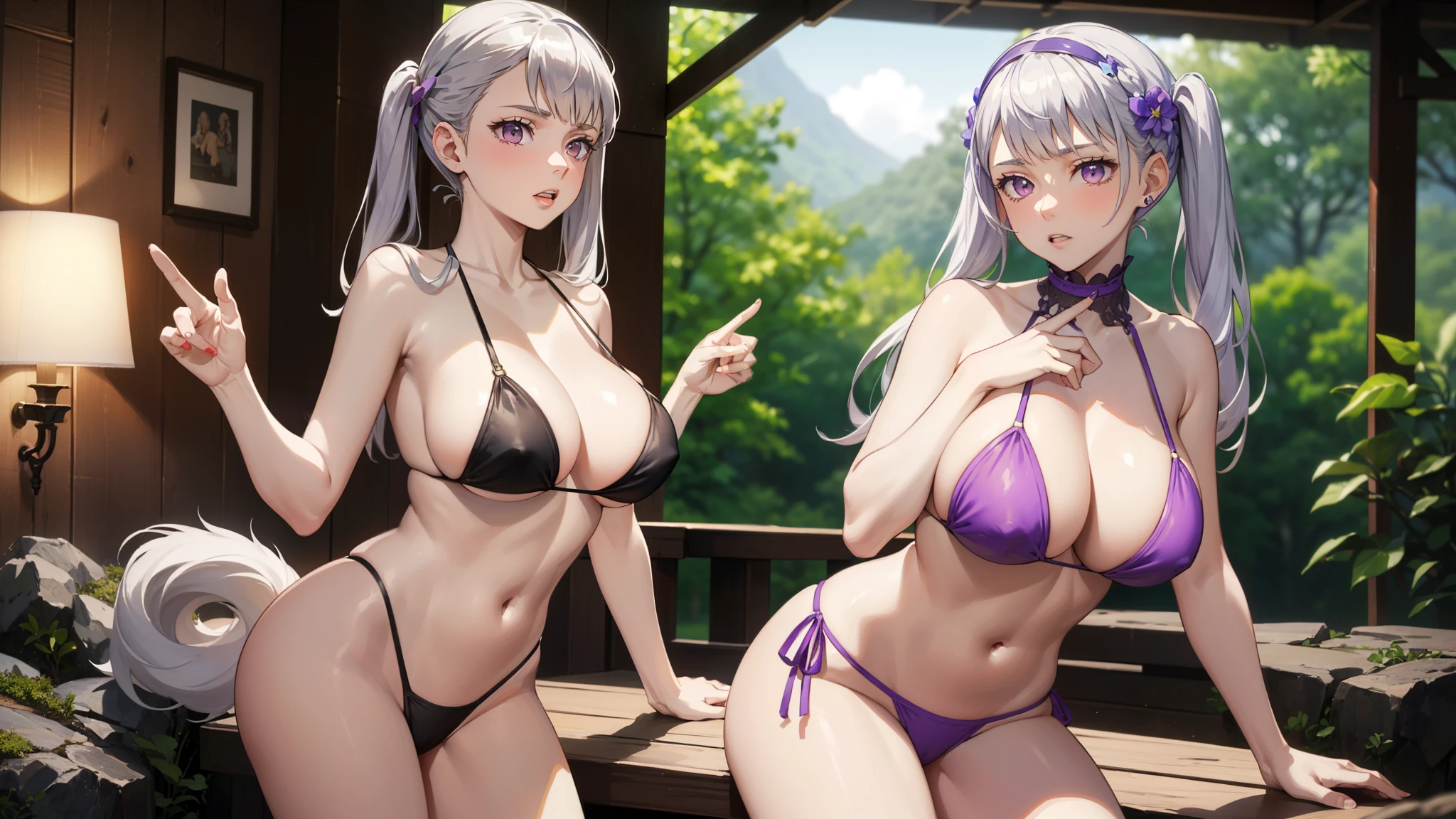 (((masterpiece, Best quality, A high resolution))), Beauty Noelle_Silvia, long hair, (hair bands, purple colored hair bands), (White hair, silver hair), two tails, pig tails, bang, Sergeant, Jewelry, silver hair, purple eyes, (silver bikini, silver panties), camel toe, Big breast, (split), Big , (is sitting, is sitting on face position), BREAK in the fresh air, (Hot Springs), Blur background, ((cowboy shot)), charming face, (perfect fingers, Ideal Anatomy), 4K