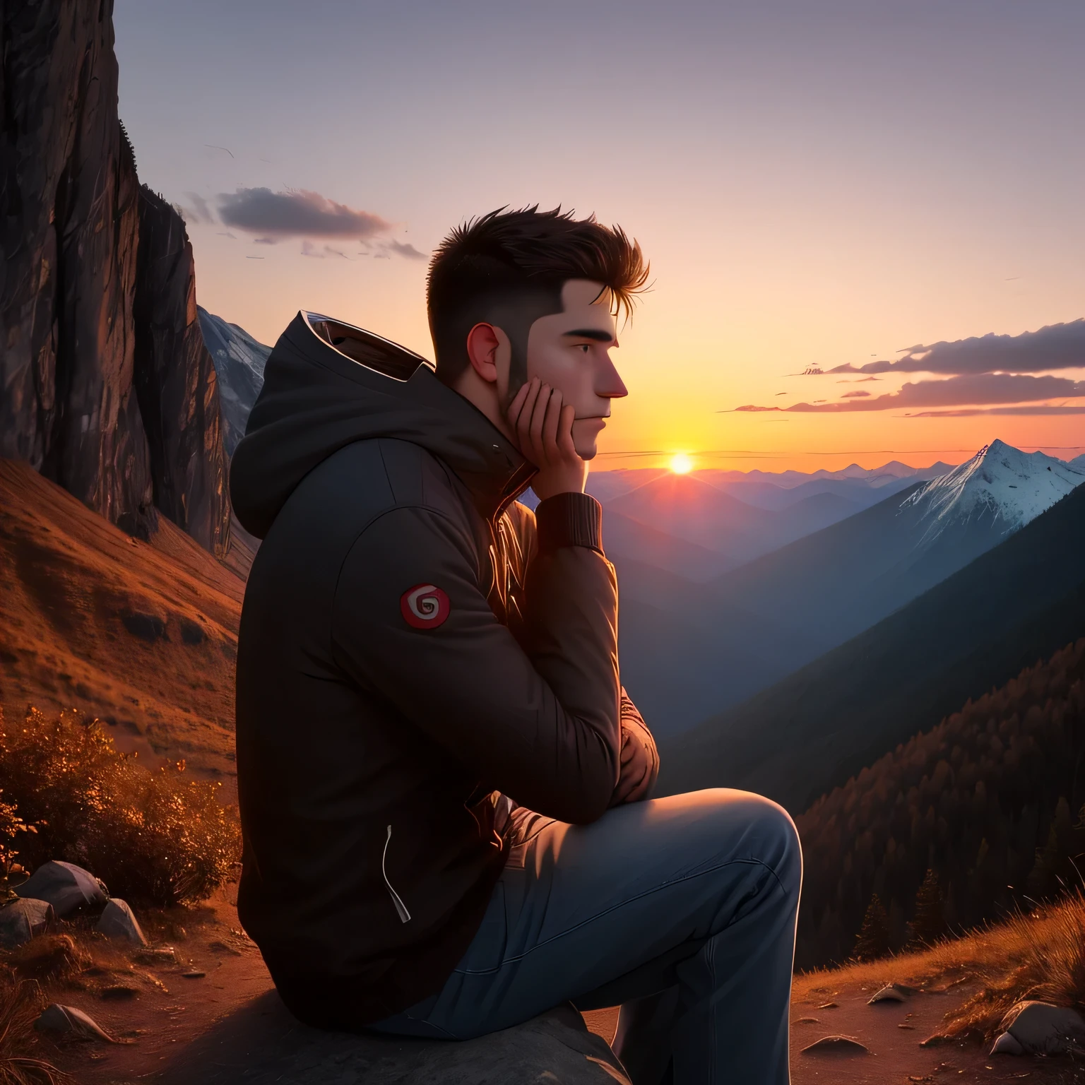 a man was sitting looking at the beautiful sunset with a sad face in the mountains