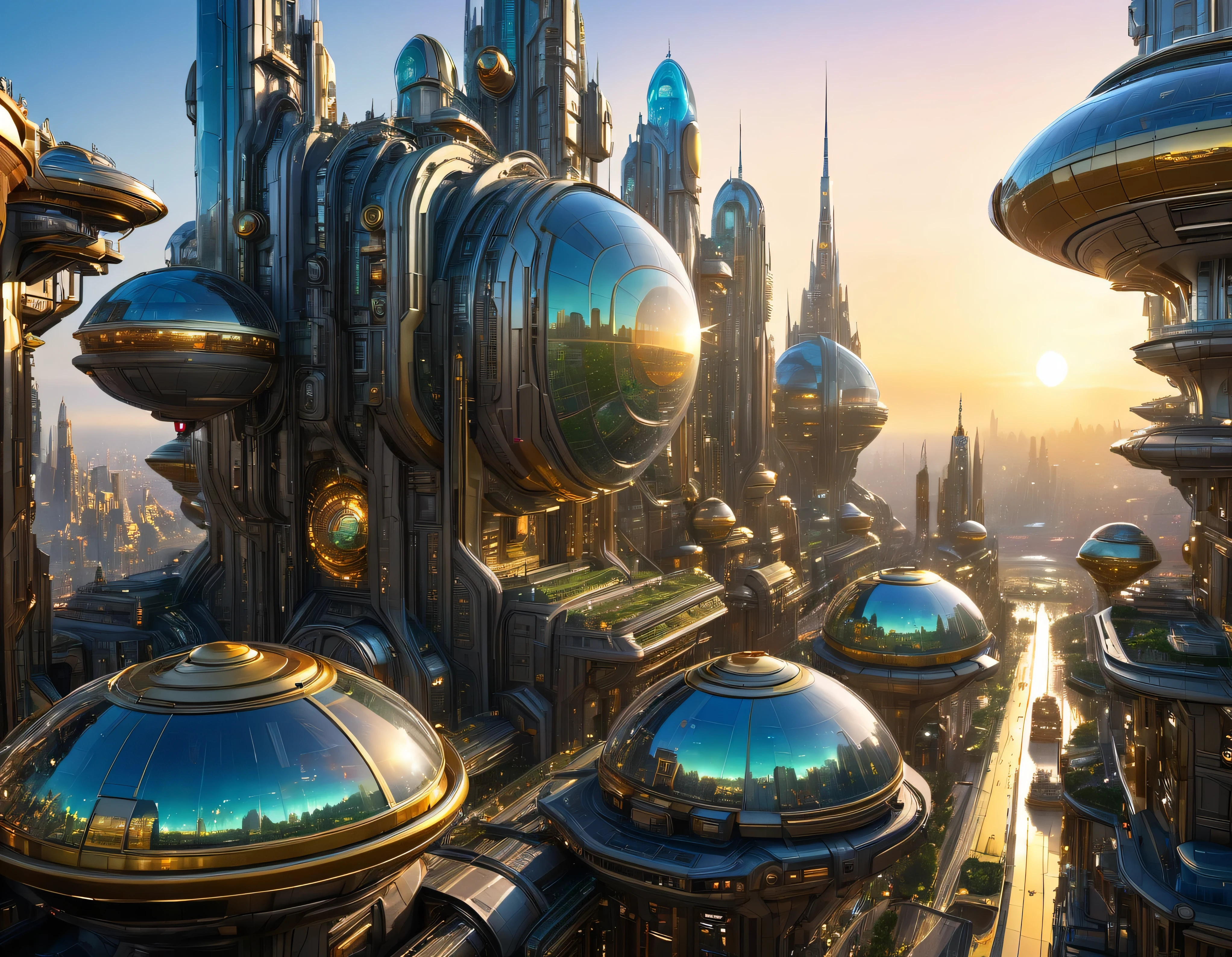 (golden hour lighting), megacity, megalopolis of an imaginary world of science fiction , parecido a una disneylandia futurista, and maximum fantasy, con inmensos edificios y rascacielos ovalados y dodecaedricos agrupados de metal y cristal donde predomina la plata y los anuncios luminosos de colores. imagen bien definida 8k, (intrincados detalles de la maquina), con muchos edificios juntos.(obra maestra de superior calidad).(imagen fotorrealista), nitidez absoluta hasta el fondo