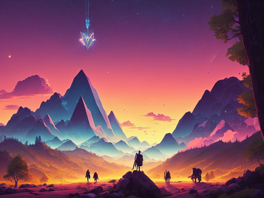 ((forest and mountain and starry sky with trip shape cloud)), space elevator, civilization, hi - tech building, Sci - fi movie, (high contrast), (vector artwork), (clean color), (clear boundaries), (bright colors), (morning or dusk sky), (explicit), (extreme sharp focuss), ((masterpiece)), (best quality), (extreme details), fine art, silhouette, tidy style, (Kurzgesagt style), by Kurzgesagt, (by Hiroshi Yoshida), (by Hasui Kawase), by Atey Ghailan, by Ismail Inceoglu