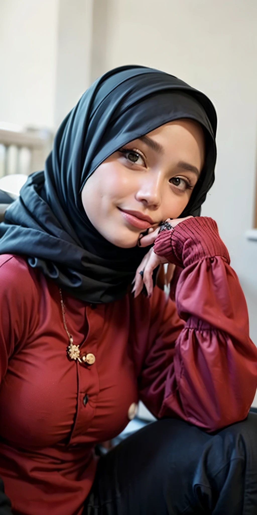 masterpiece, (ultra-high-definition portrait, vignet:1.4), Realistic, extremely detailed, CG unified, 8k, Clean lines, highly detailed, High-definition, raw color photos, she is smiling, Realistic portrait, Cinematic Light, Beautiful detailed, (1hijabgirl, indonesian:1.5), (165cm tall, big breasts with lips like he wants to kiss:1.5), Beautiful big breasts, breasts details, very tight, (Biggorgeous breast, Fish gape:1.5), (fish gape, Big Breast:1.4), Close up of a girl in Beautiful clothes with errected nipple, biggorgeous breast, Soft smile, scarf, (Bombastic Side Eyes with curvaceous body:2), pose 4 of 1 6, Undress, No bra, (nipples that are clearly sticking out detail:1.2), Outdoors, high intricate detailed.