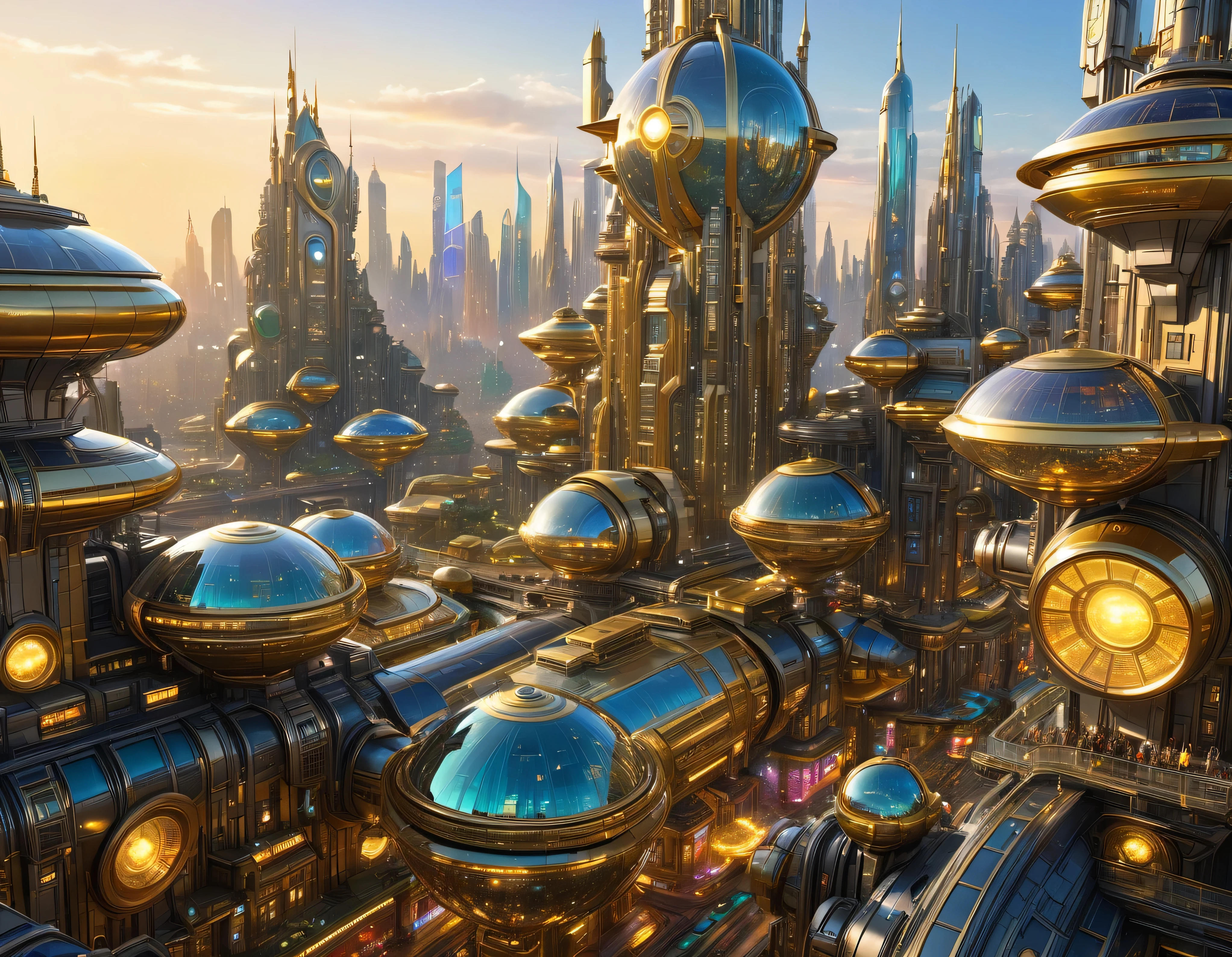 (golden hour lighting), megacity, megalopolis of an imaginary world of science fiction , parecido a una disneylandia futurista, and maximum fantasy, con inmensos edificios y rascacielos ovalados y dodecaedricos agrupados de metal y cristal donde predomina el oro y los anuncios luminosos de colores. imagen bien definida 8k, (intrincados detalles de la maquina), con muchos edificios juntos.(obra maestra de superior calidad).(imagen fotorrealista), nitidez absoluta hasta el fondo