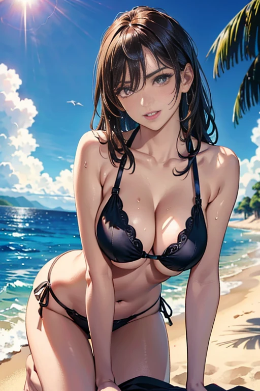(masterpiece:1.2, best quality), (finely detailed beautiful eyes: 1.2), ((1girl)), ((solo)), (finely detailed eyes and detailed face:1.3), (scenery:1.2), (extremely detailed CG, ultra-detailed, best shadow:1.1), ((depth of field)), beautiful concept illustration, (illustration:1.1), (extremely fine and beautiful:1.1), (perfect details:1.1), ((undressing in front of an viewer, erotically standing on knee, capturing the moment when her clothes are lowered and she caresses herself, caressing breast or erotically licking her finger, while caresiing cute eyes, open mouth or parted lips)) White skin that emphasizes transparency, crisp eye makeup, ruddy blush, thick natural parallel eyebrows, Light brown hair, long hair, soft curly hair, smile, wet skin, sweat, Floral bikini swimsuit, o-ring bikini, beautiful sky, beautiful sea, cloud, sun light, sitting, summer, beach, lens flare, shining, aureole mesmerizing eyes, luscious lips, shadowplay emphasizing beauty, artistic composition. (best quality, highres, masterpiece:1.2), ultra-detailed, (realistic:1.37) illustration, erotic style, soft lighting, sweat glistening on her body, gentle warmth, dark and mysterious, small breast,narrow waist,(with sparkling eyes and a contagious smile),her thin pubic hair, looking at viewer,