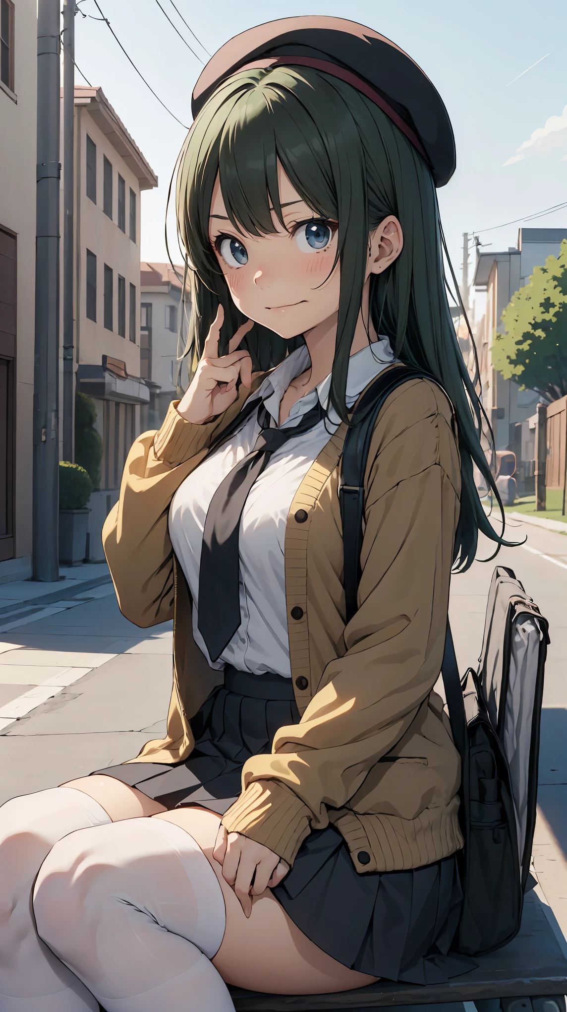 (masterpiece, highest quality), High resolution, detailed face:1.2, anime(1.2), sharpness, 4k, woman posing for a photo, panicked face, upset, open your mouth, long hair, green hair, straight hair, shy smile, fine skin, beautiful hands, beautiful fingers, Wearing a beret, tie, long sleeve blouse, cardigan, pleated skirt, school bag, thighs, Absolute area, knee socks, thighsに手を入れる, during the day, hot summer day, School, schoolyard, sitting on the bench, holding a smartphone in hand, Natural light, sharp focus, Hasselblad Photos, cinematic lighting, whole body,