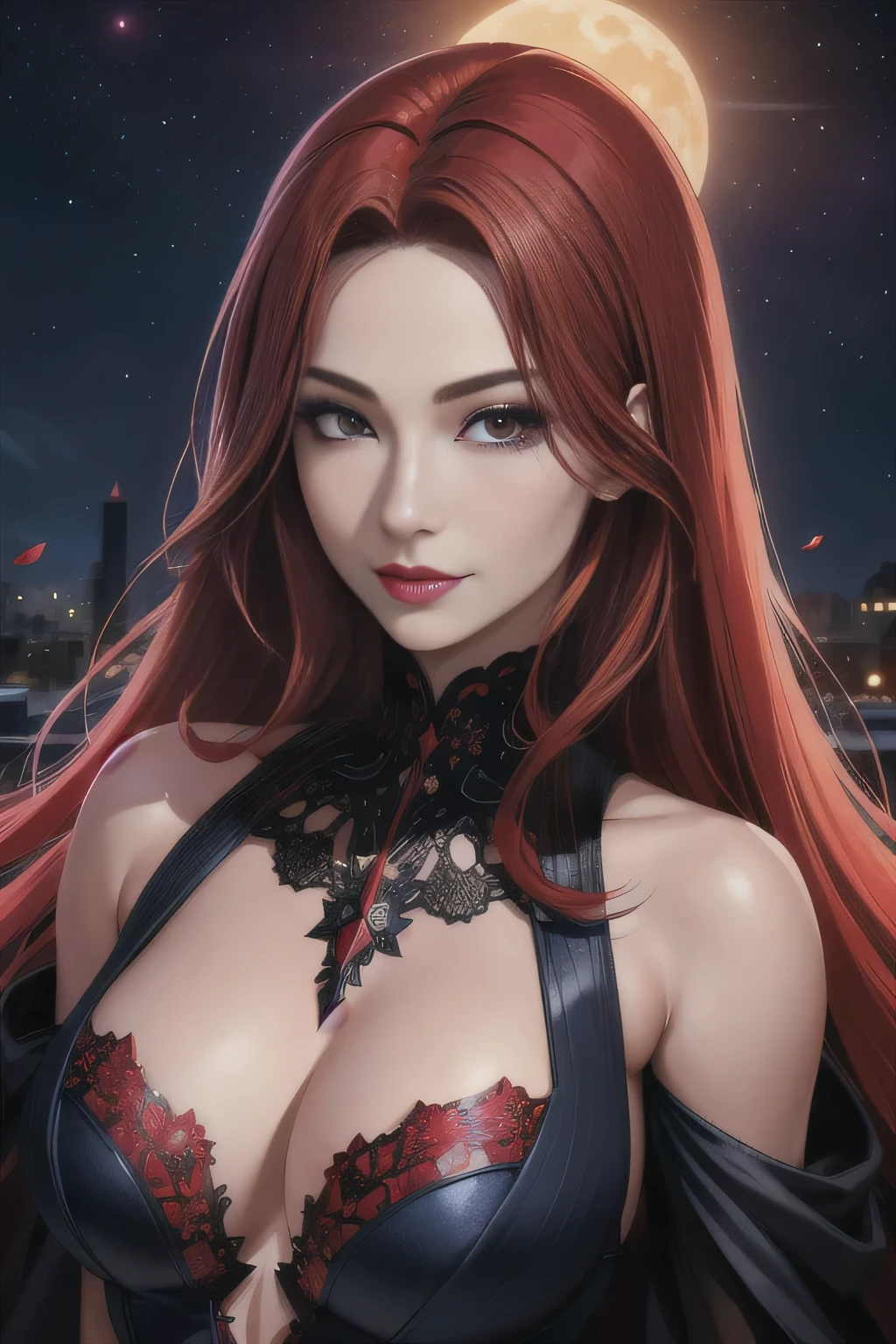 portrait shot, ((vivid red hair)), mature woman, 30 years old, diamond face, moonlight, red starry sky background, depth of field, magic, big red lips, ((dark black eyes)) black and red long and full dress, covered chest, mystical atmosphere, ominous shadows, Intense blue aura, Intense red aura (best quality:1.2), absurdres, intricate details, (highly detailed skin:1.2), smile expression, posing, taut and well defined body, attractive. Highly realistic, pale skin, beautiful, hyperrealism, skin very elaborated, direct gaze