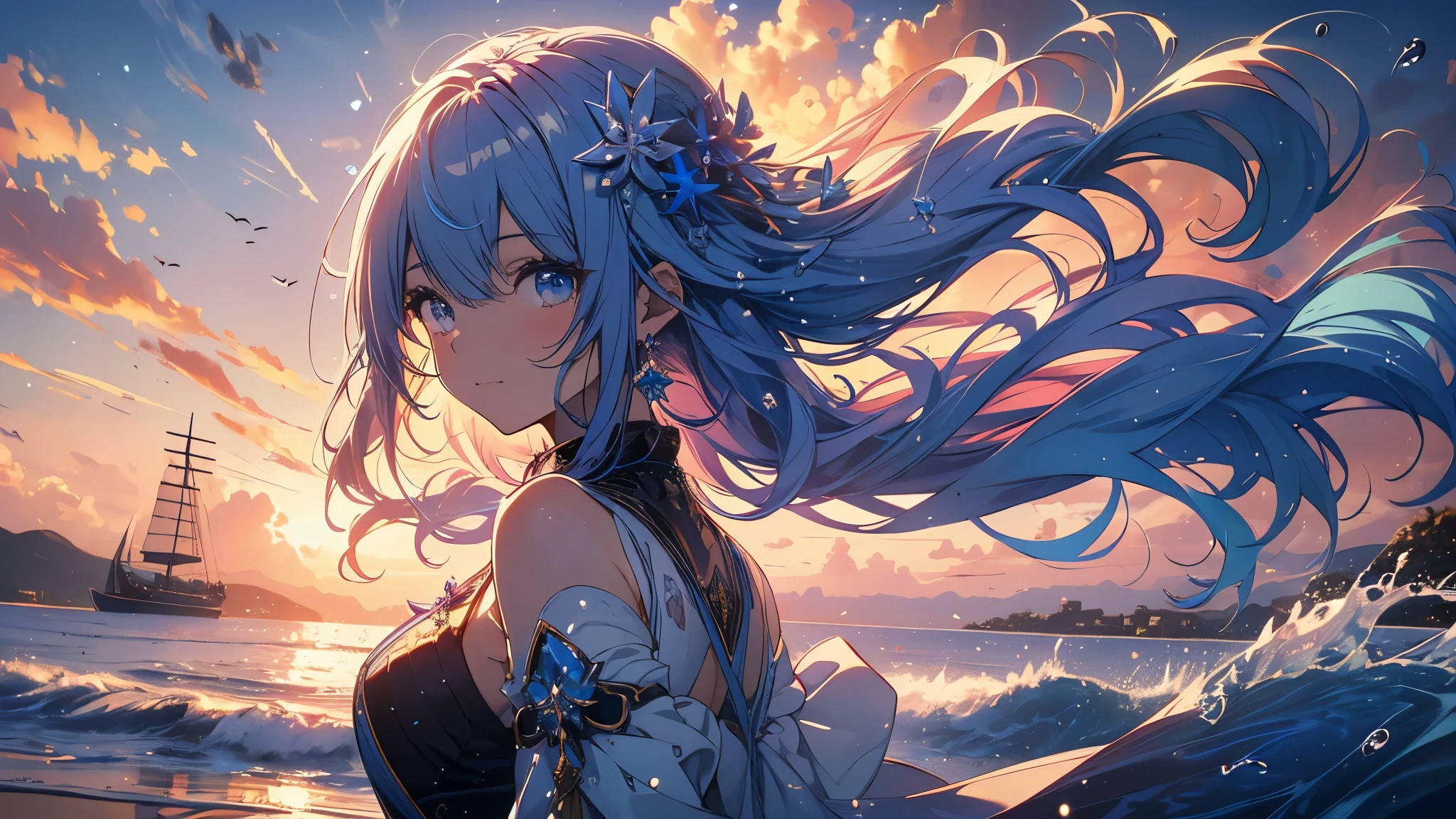 8k resolution, ((of the highest quality)), ((obra maestra)), ((super detailed)), (Muy delicado y hermoso), con a girl, solo, gentle expression, Ella es muy(relajarse)con(calma)apariencia, agua colored hair, Depth of written limits., sonrisa brillante, Young Expression, bright agua eyes, 美しいagua colored hair, hermoso fondo, pelo largo, arte lineal, lindo traje de marinero, estilo marinero, Ojos que brillan como zafiros, Ojo superior, ojos maravillosos, agua, agua sea, agua drops are dancing, parte superior del cuerpo