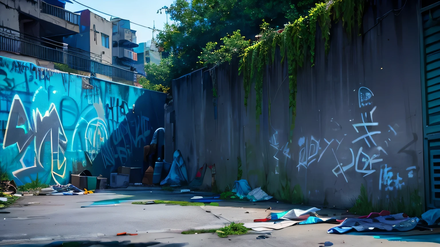 Dead end of a dark slum at night no one graffitied wall scattered trash no lighting Near the wall