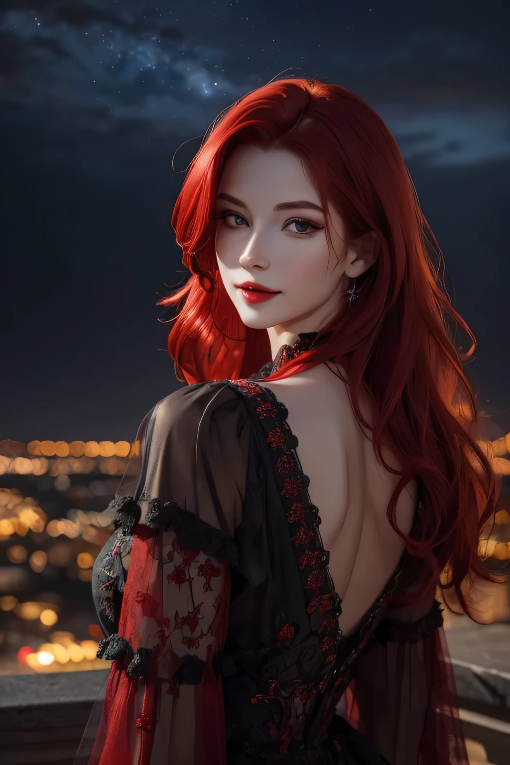 ((Best quality)), ((masterpiece)), ((realistic)), (hyperrealism:1.2), portrait shot, ((blood vivid red hair)), mature woman, 30 years old, diamond face, moonlight, red starry sky background, depth of field, magic, big red lips, ((dark black eyes)) black and red long and full dress, covered chest, mystical atmosphere, ominous shadows, Intense blue aura, Intense red aura (best quality:1.2), absurdres, intricate details, (highly detailed skin:1.2), smile expression, posing, taut and well defined body, attractive. Highly realistic, pale skin, beautiful, hyperrealism, skin very elaborated, direct gaze